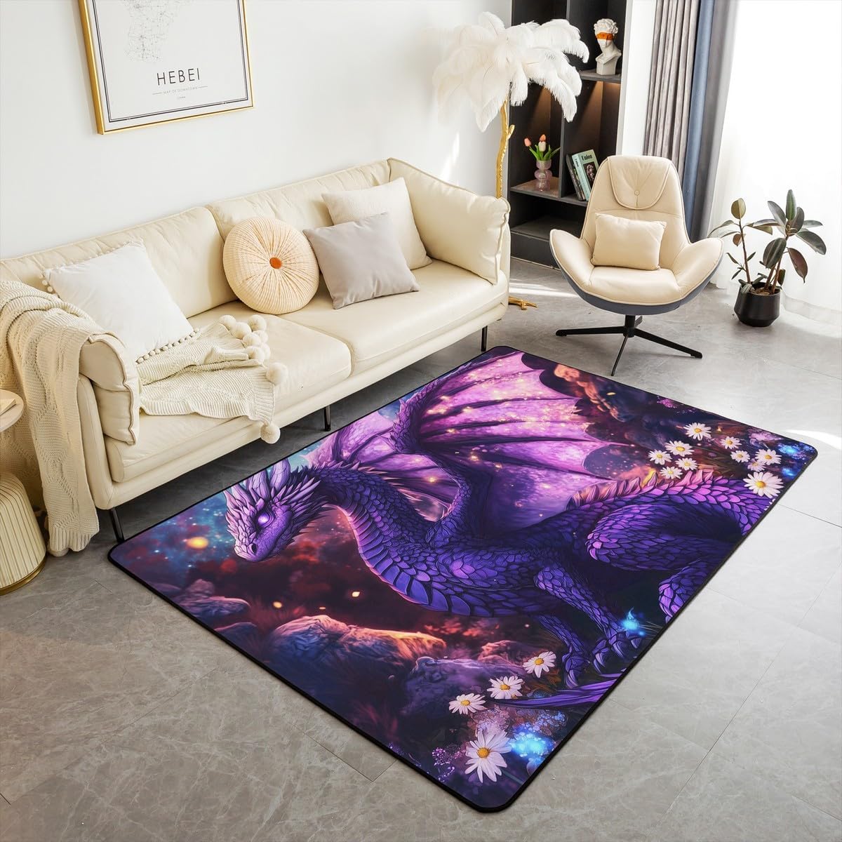 Erosebridal Dragon Area Rug 3x5, 3D Animals Printed Carpet, Safari Wildlife Flowers Non Slip Indoor Floor Mat for Bedroom Living Room, Black Purple Nebula Galaxy Kids Boys Washable Decorative Rug
