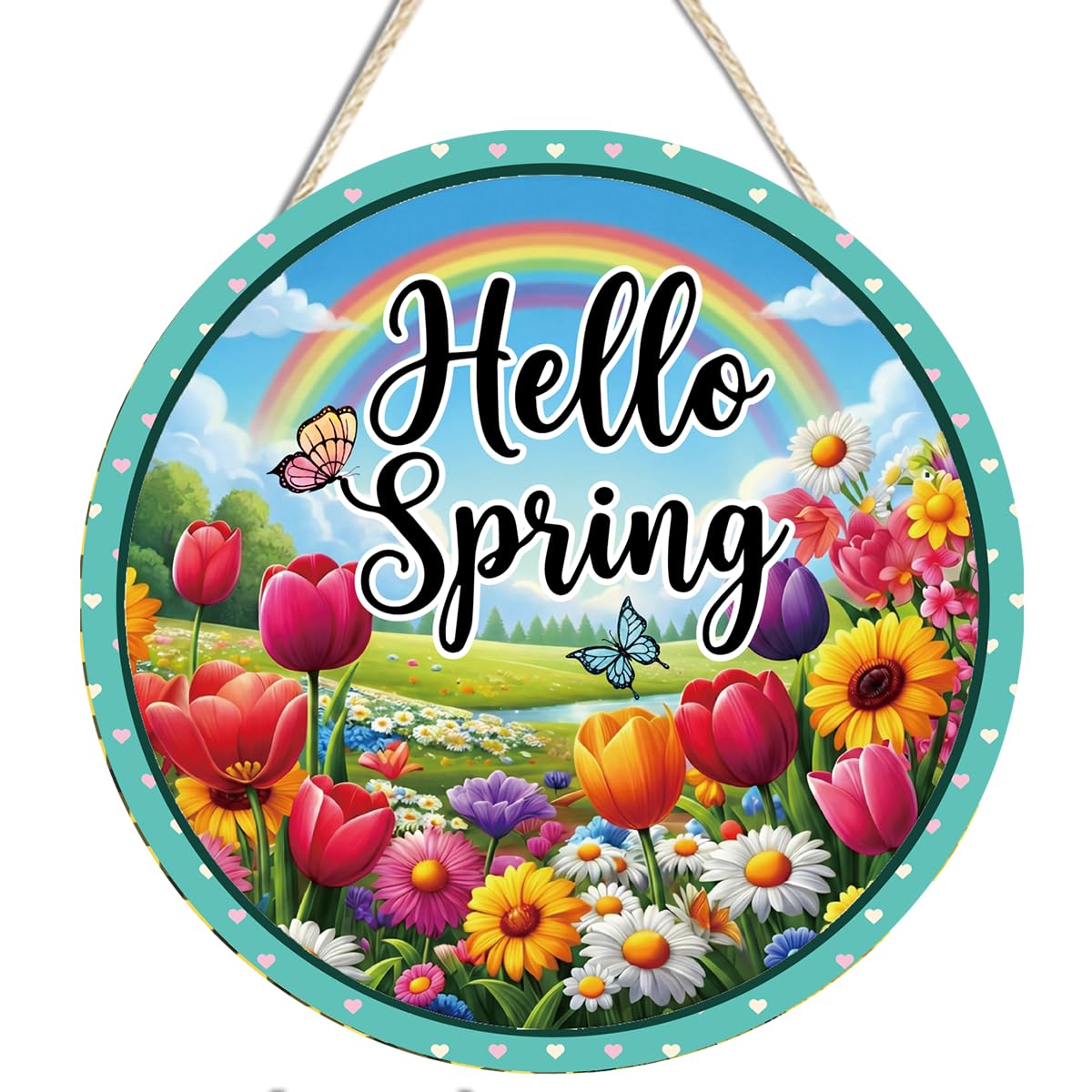 Hello Spring Tulip Daisy Metal Welcome Front Door Sign Wall Decor | Vibrant Clolorful Floral Design/For Home Porch Farmhouse/Ready To Hang/12 × 12 inches