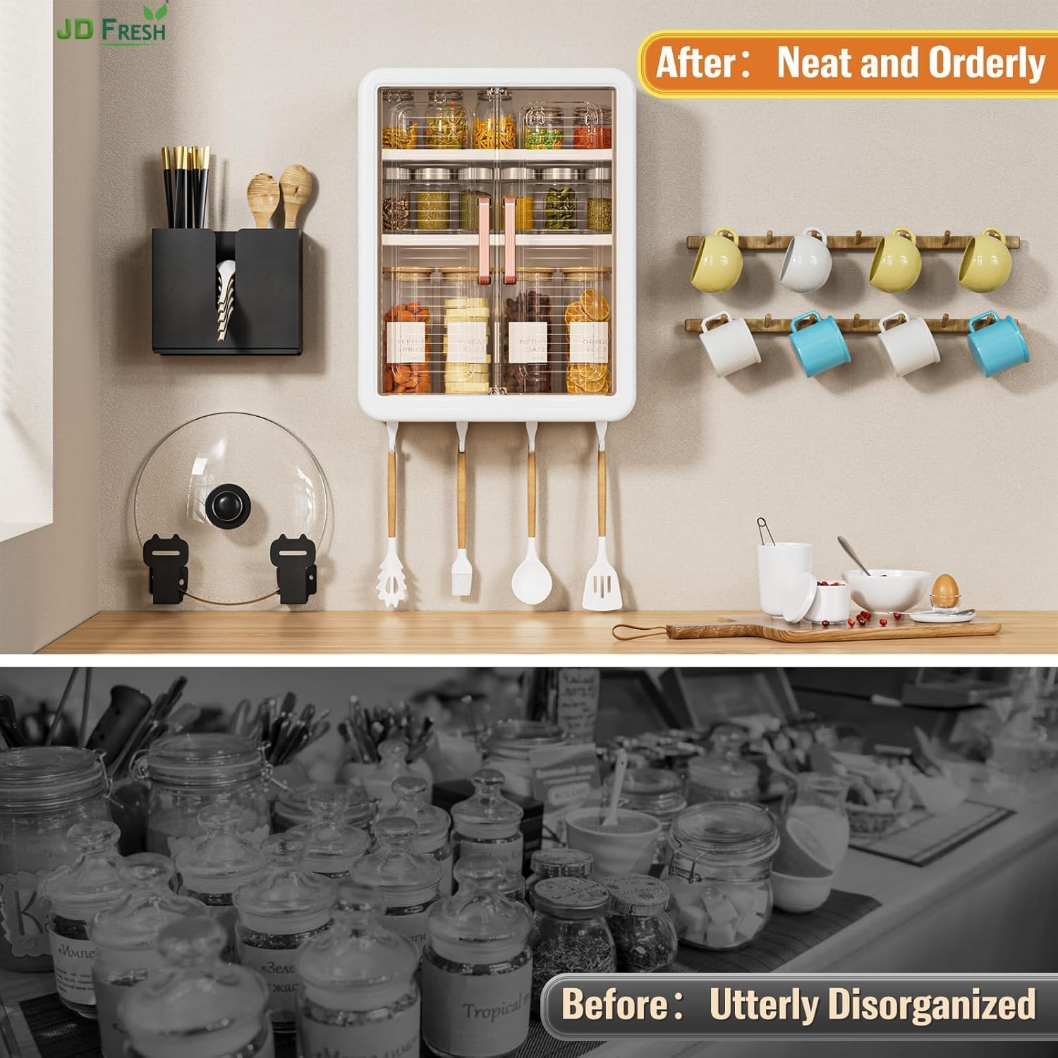 JD FRESH Wall Mounted Plastic Storage Rack for Kitchen/Multipurpose Organizer with Doors and Shelves/Durable/Space Saving Storage Box for Kitchen/Spice Rack/Cabinet Organizer (2 Pc, White) - Image 7 thumbnail