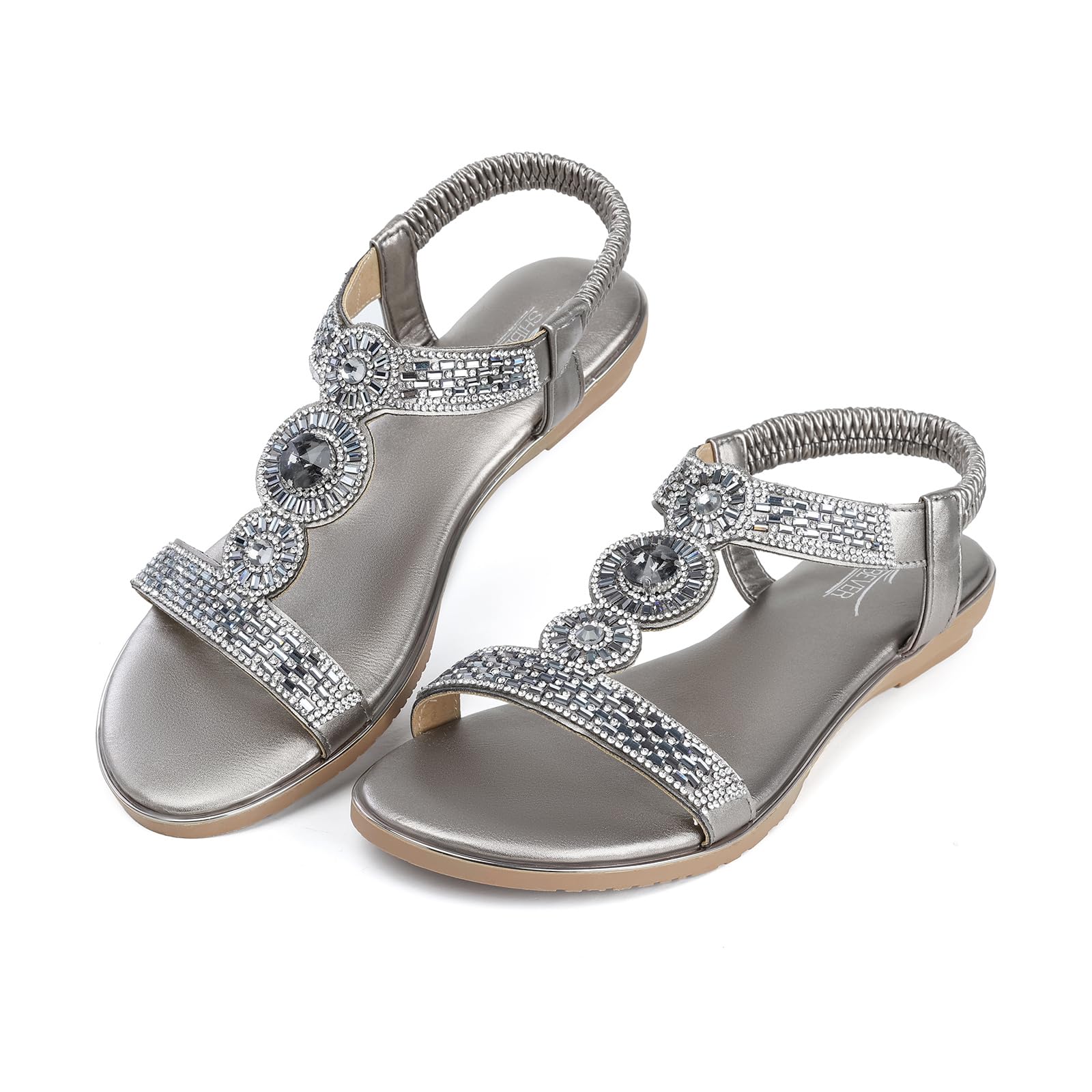 SHIBEVERSandals Women Dressy Summer: Dress Ankle Strap Rhinestone Flats  Bling Woman Beach Fancy Sandal Casual Open Toe