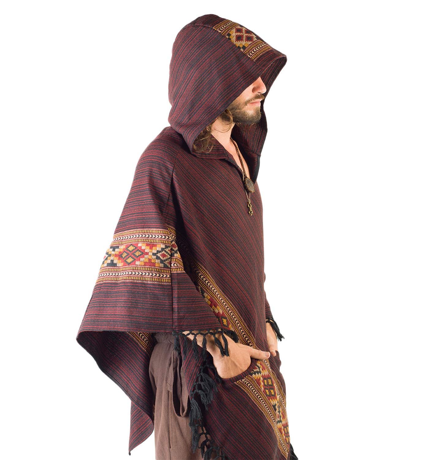 Poncho de lana de yak rojo carmesí para hombre con capucha grande, hecho a mano, primitivo, festival gitano, tribal mexicano, bordado, alternativa, rosso, Talla única
