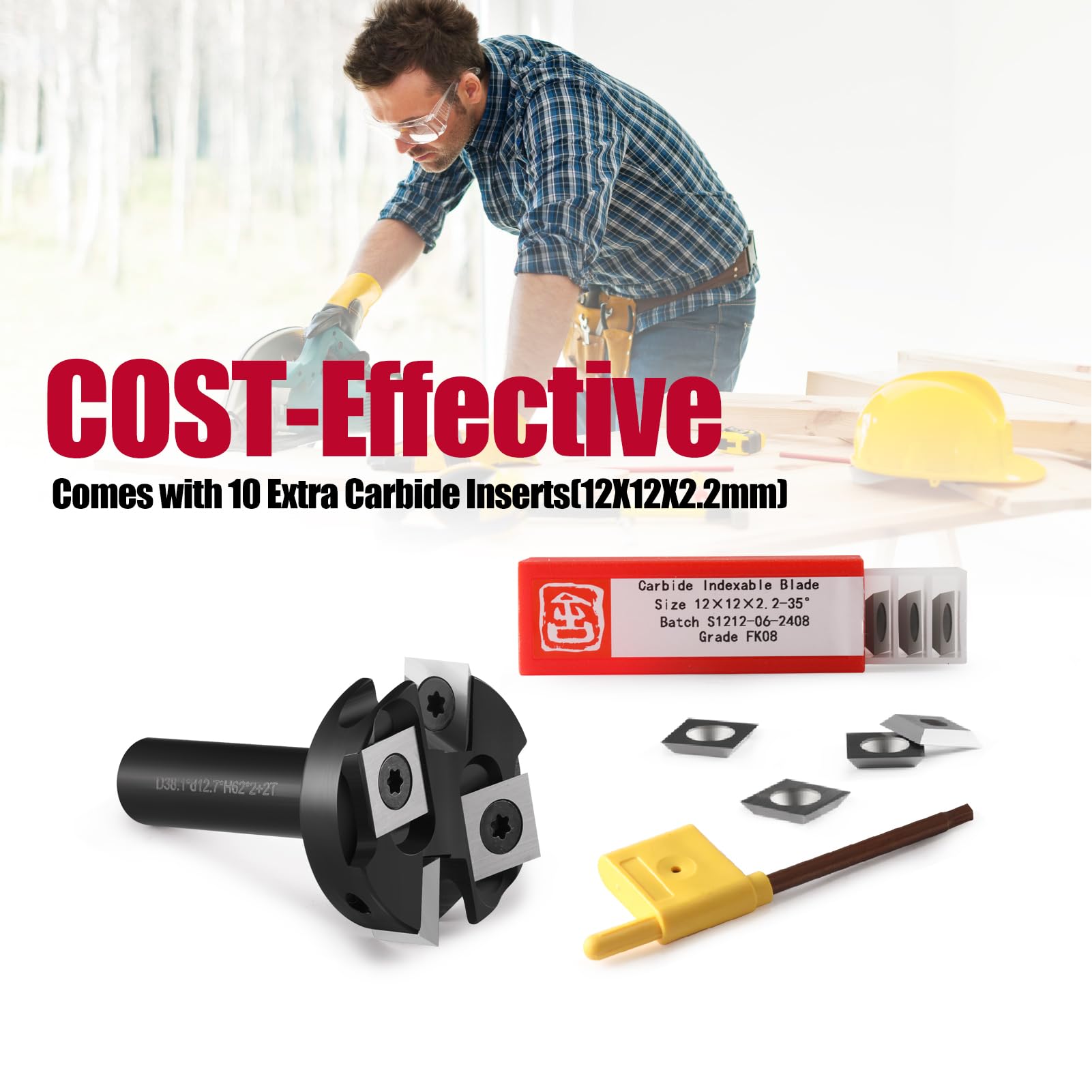 Punta per fresatrice CNC per superfici con codolo da 1/2", diametro di taglio 3,8 cm, 2+2 scanalature, inserti in carburo per pialla in legno di carburo, con 10 inserti indicizzabili (12 x 12