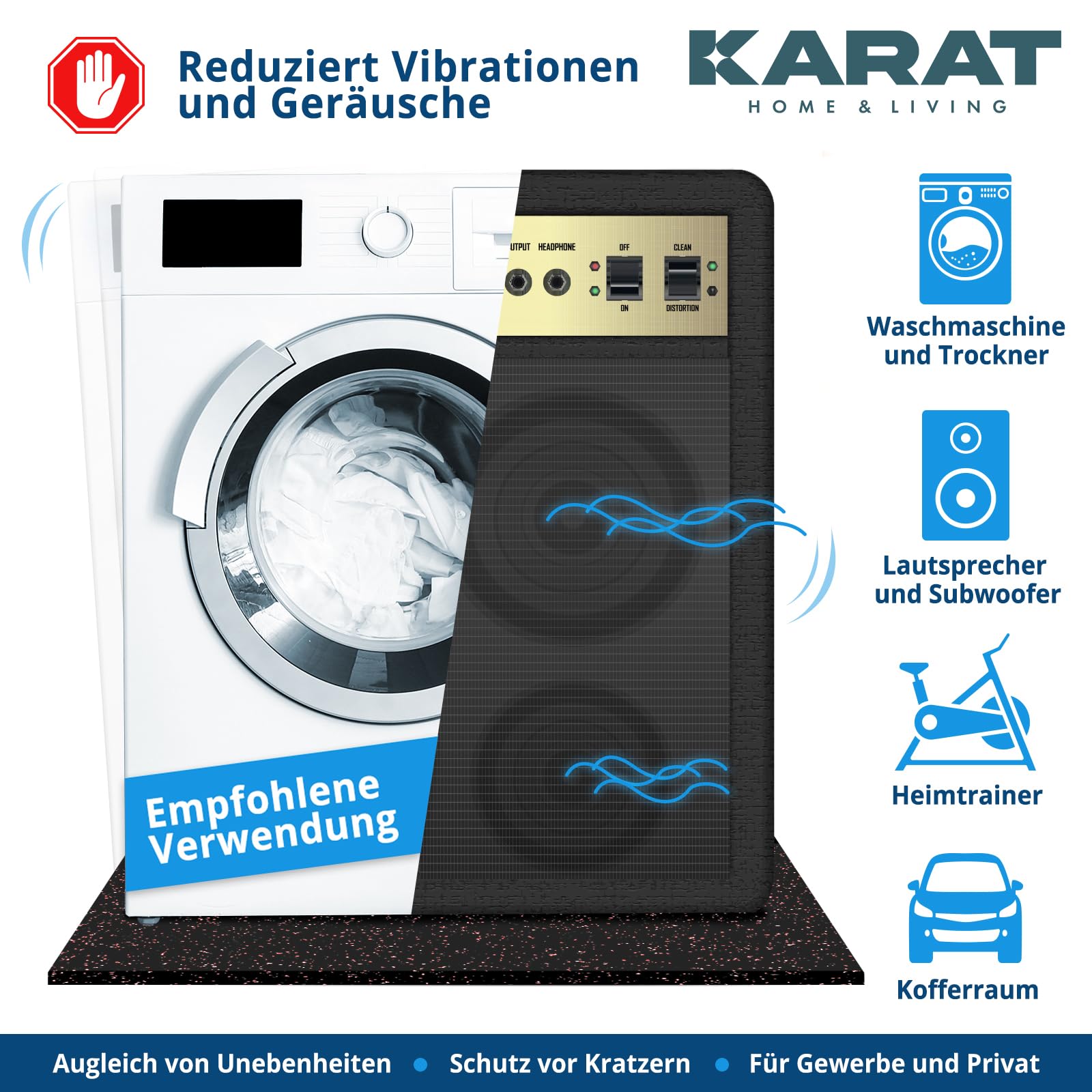 KARAT Bodenschutzmatte Fitnessgerät, Unterlegmatte für Crosstrainer, Laufband, Multifunktionsmatte Keller Trainingsmatte, Schall- und stoßdämpfende Antivibrationsmatte