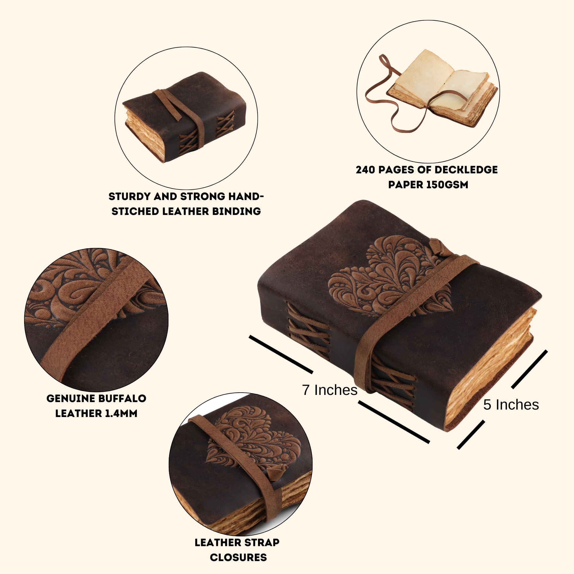 Fausta Heart Embossed Leather Journal for Men & Women - 7"x5" Writing Notebook, 240 Pages Vintage Deckle Edge Cotton Paper 150 GSM - Image 3