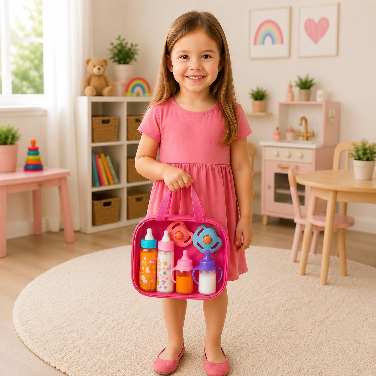 fash n kolor® Accessori per bambole per neonati, 6 accessori in borsa per pannolini, bottiglia magica, accessori per bambole, giocattoli, kit per la cura delle bambole, regali