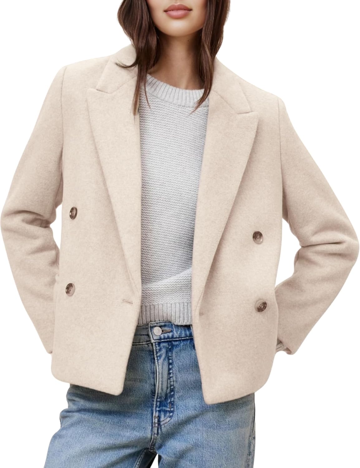 QIBABU Womens Winter Wool Blend Pea Coat Short Double Breasted Notched Lapel Blazer Overcoat