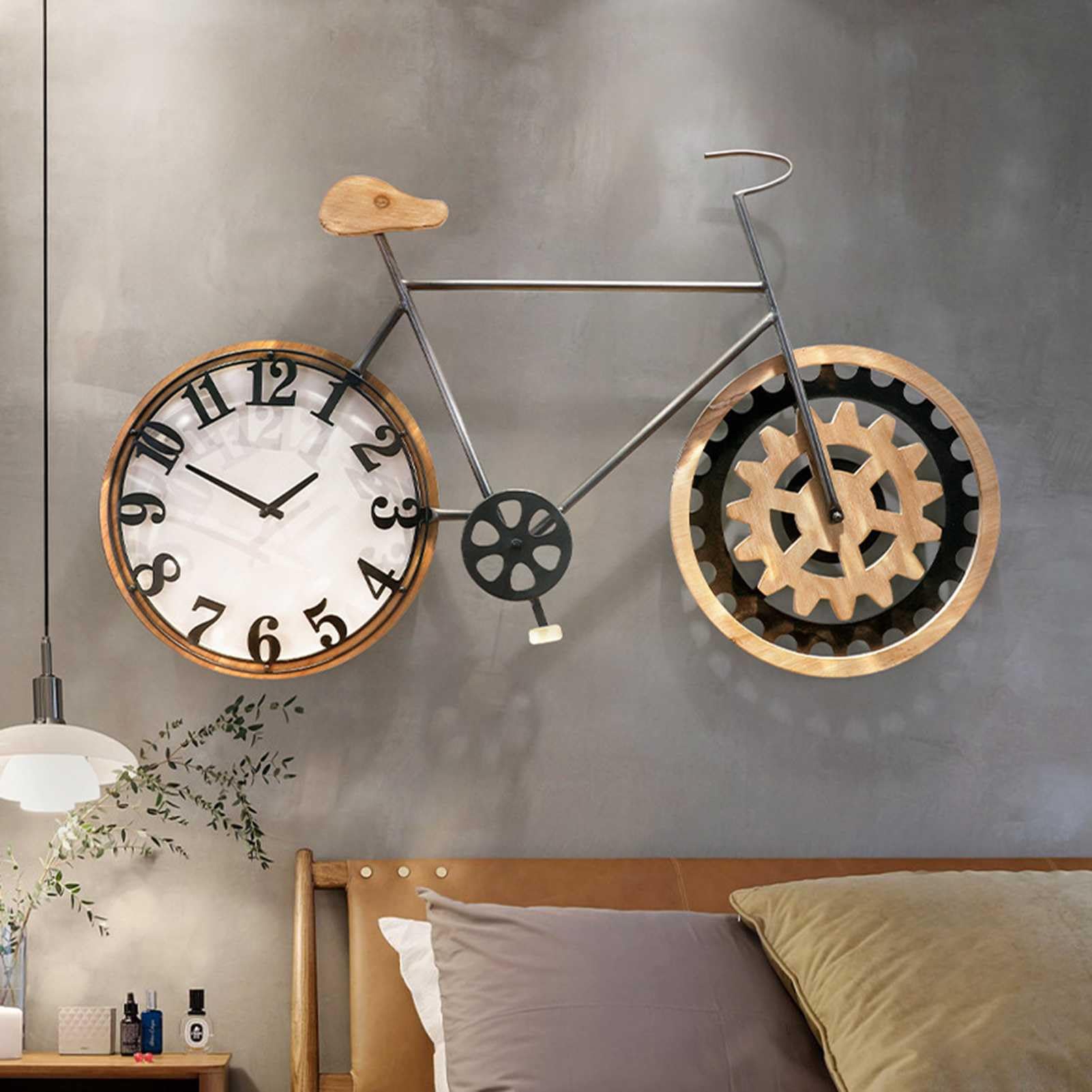 Wanduhr, dekoratives Fahrraddesign, arabische Ziffern – Vintage, leise, nicht tickend, Retro-Holzuhr, batteriebetrieben, 108 x 63 cm