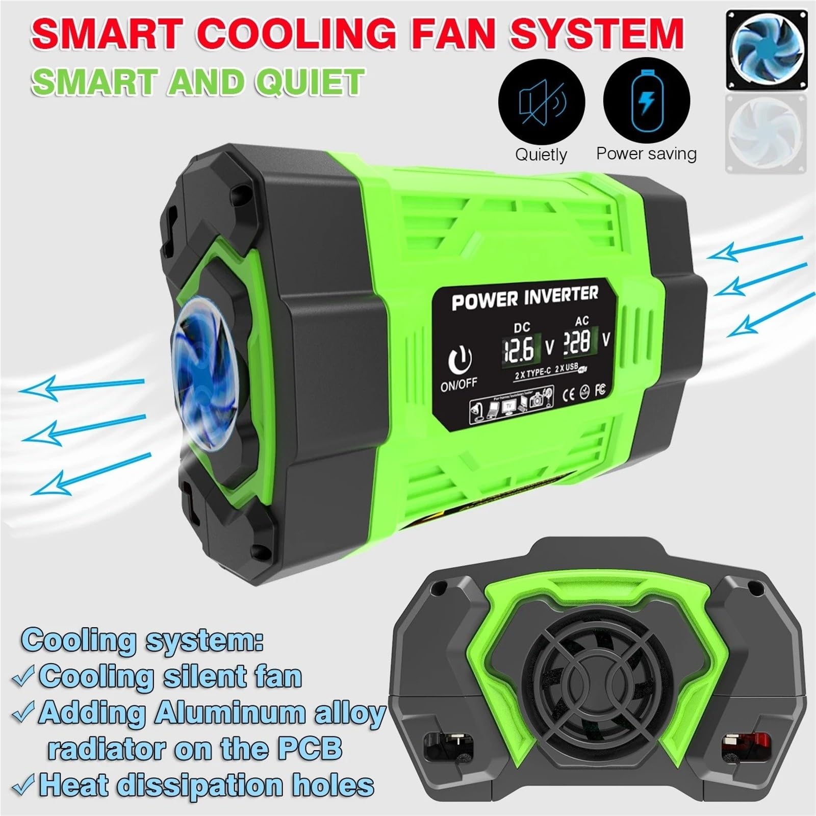 Inversor de Corriente Inversor Potencia Máxima 500W 1000W 12V A 220V 110V CHAOMIN 4 Puertos Carga Rápida Terminal Oculto LCD Inteligente(EU 12V to 220V 300W)