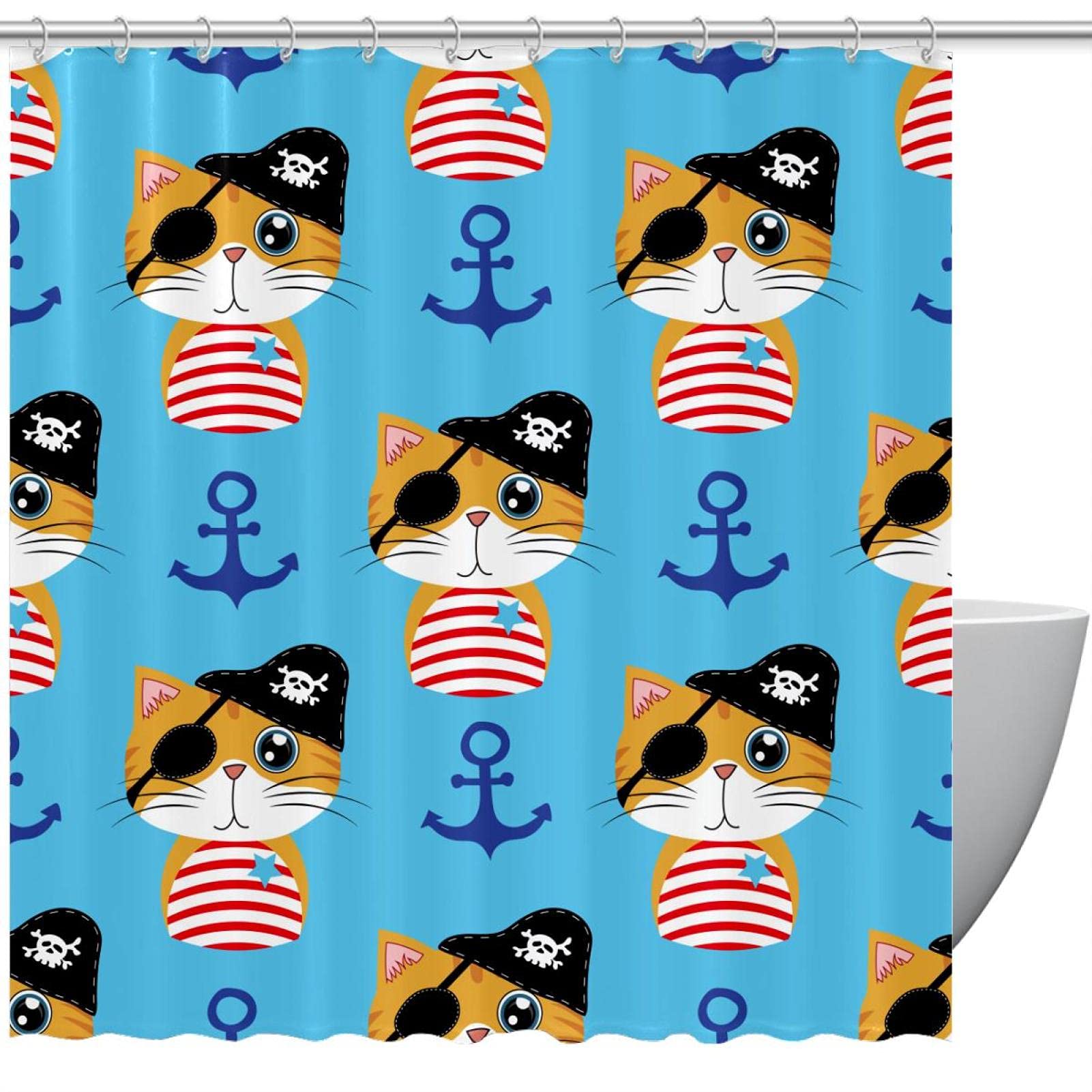 Rideau de douche bleu marine motif bateau pirate et chat pour petite douche