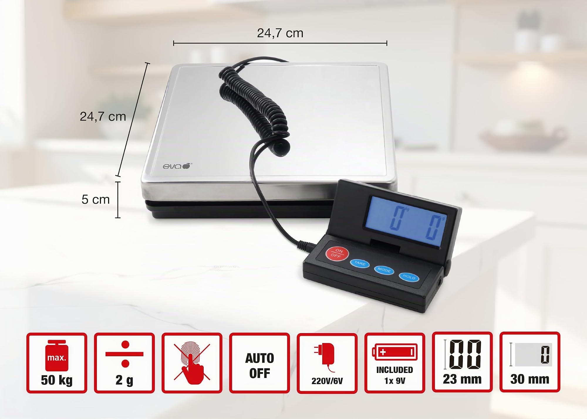 Bilancia elettronica per pacchi - Portata 50kg - Divisione 2g - Piattaforma inox - Non omologata