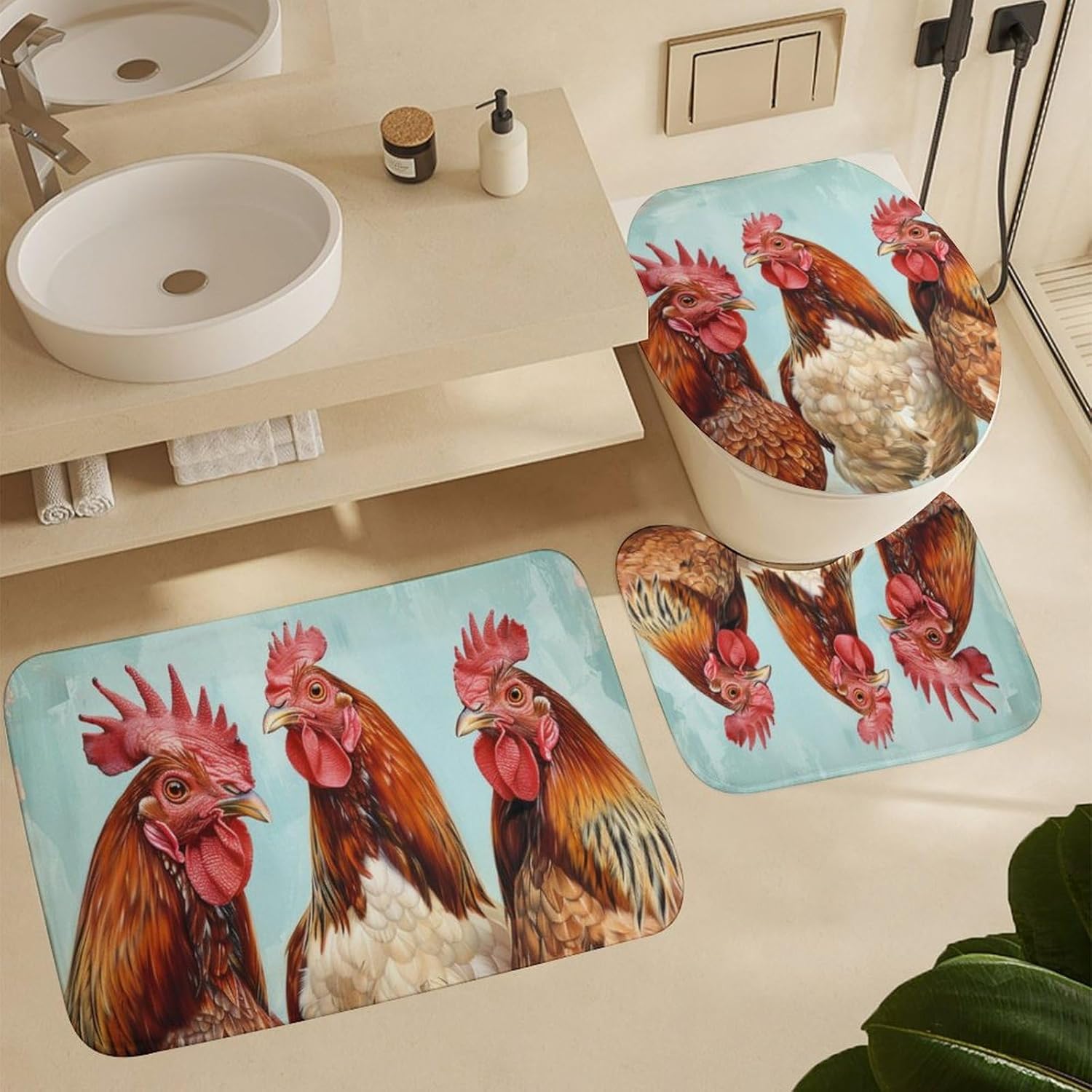4PCS Modern Animals Bathroom Set with Rugs and Toilet Lid Cover Rustic Farmhouse Chicken Waterproof Shower Curtain Set for Bathroom Decor