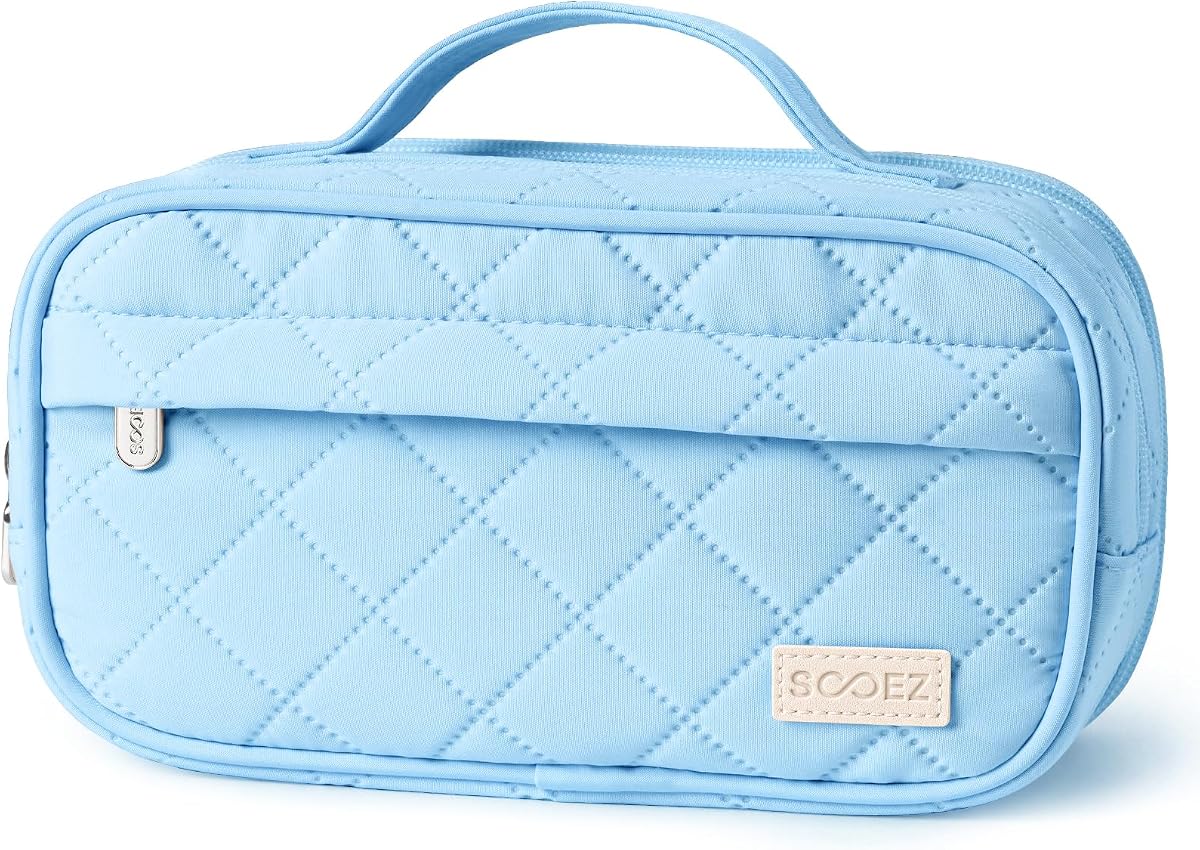 Sooez Large Pencil Case, Pencil Pouch with Handle, Pen Bag Marker Organizer | Soft Quilted, 7 Compartments, Wide Opening, Smooth Sturdy Zippers, Aesthetic Design, School Supplies for Teen Girls & Women
