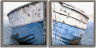 Nautical Decor Wall Art Old Wooden Ship Nautical Decor Wall Art Beach Artwork Rustic Style Pictures Navy Landscape Decor 16x16 inch Wooden Boat Blue Ocean Paintings for Bathroom Living Room Unframed