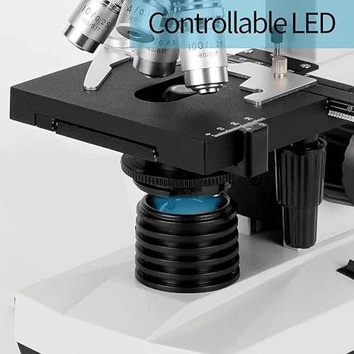 Miniatura 7 de Microscopio compuesto binocular, aumento 40X-5000X, ocular gran angular WF10X WF25X, fuente de luz LED, Etapa de doble capa del eje XY, Microscopio