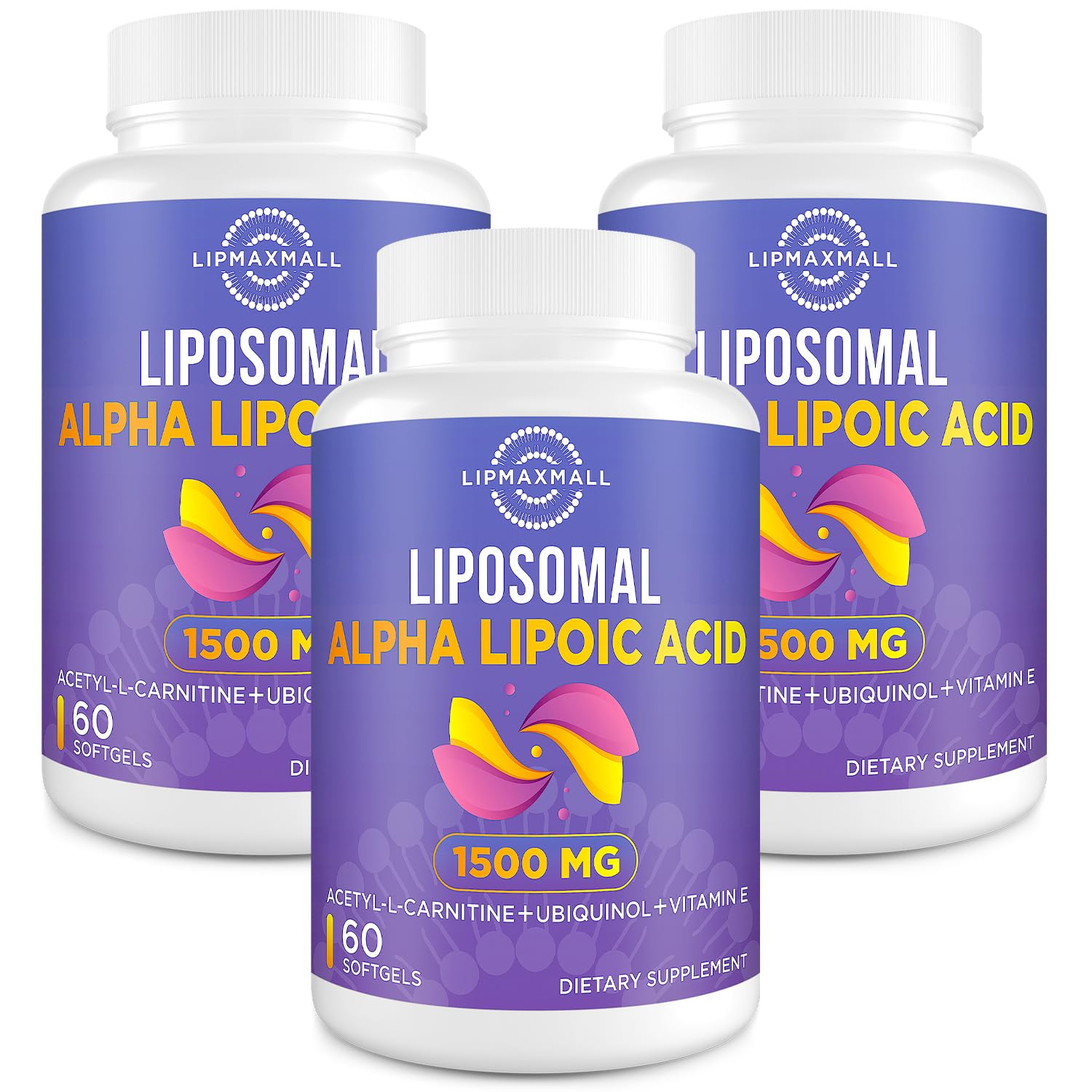lipmaxmall Liposomal Alpha Lipoic Acid 1500mg - with Acetyl-L-Carnitine 900mg & Ubiquinol 100mg & Vitamin E 15mg，ALA Supplement for Antioxidants Nerve Energy, 60 Softgels (3 Bottles) Unflavored 60 Count (Pack of 3)