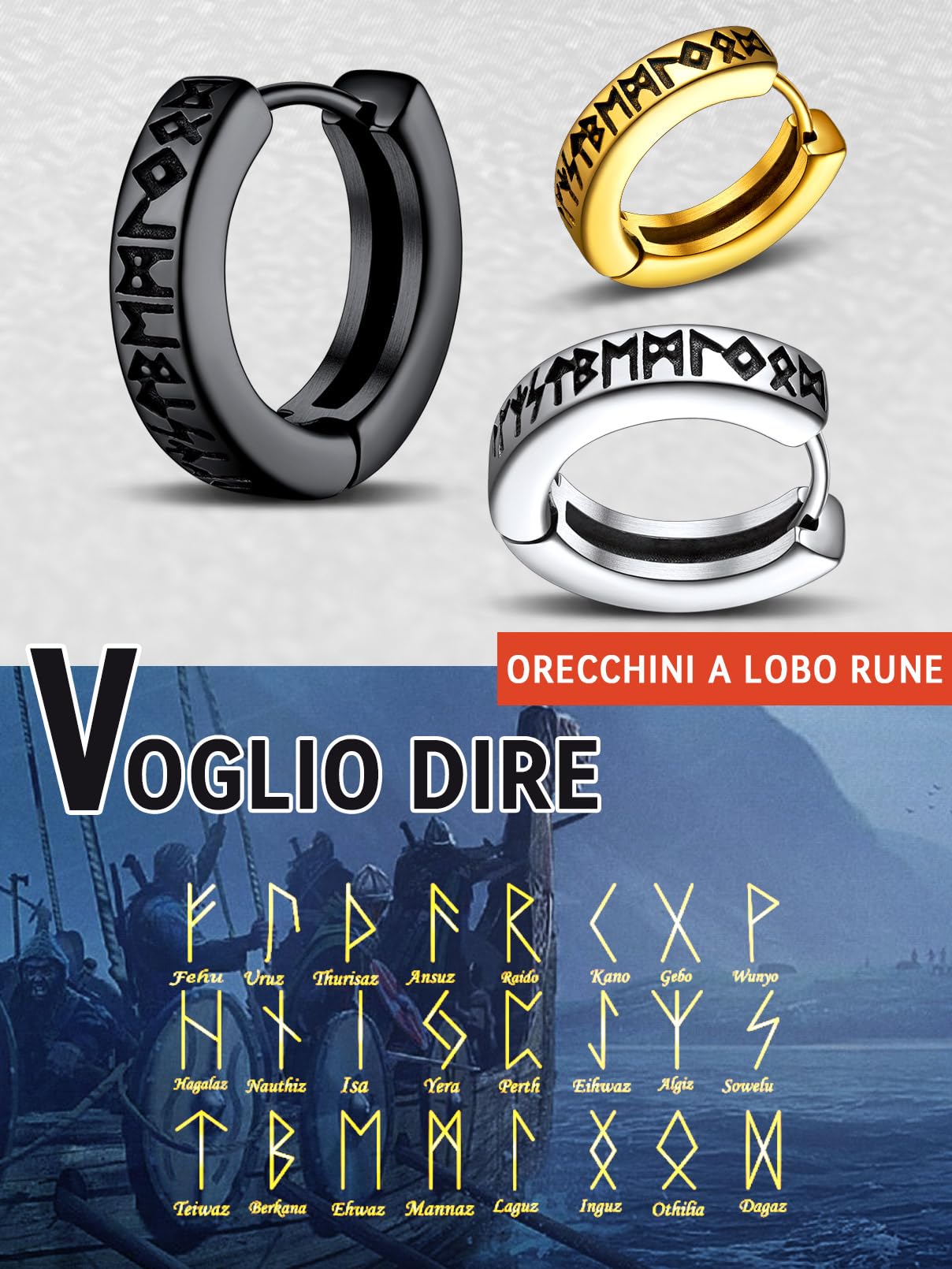 FaithHeart Uomo Donna Orecchini Cerchio di Rune Vichinghe Rune Celtiche Orecchini Cerchio Argento 925 / Acciaio Inox Antiallergico con Onice Gioielli Amuleto Nordico