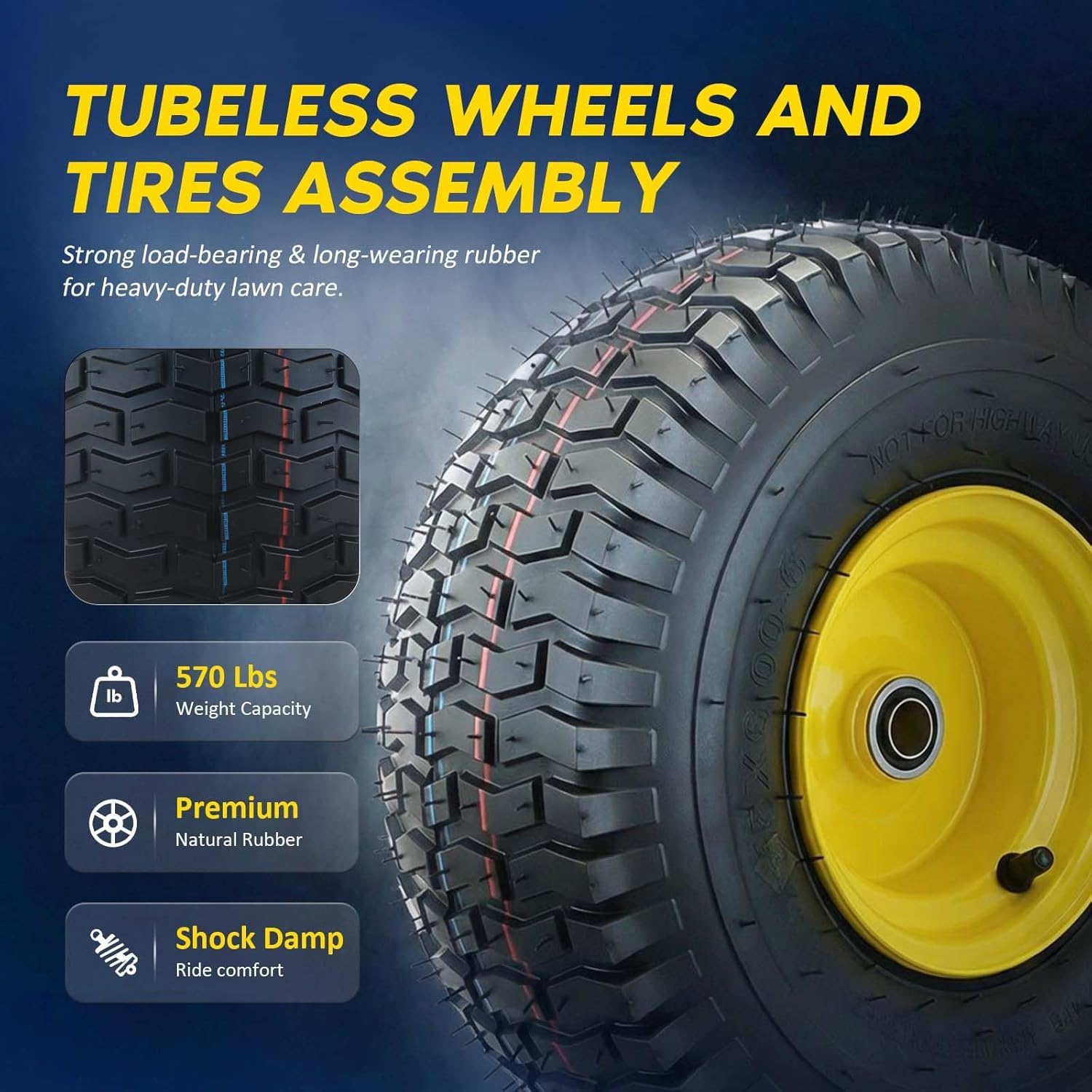 BDELI Single 15" x 6.00-6" Lawn Mower Tire & Wheel Assembly | 4-Ply Tubeless Front Replacement for Craftsman, John Deere, Cub Cadet Riding Mowers | 570 lbs Load, 3" Offset Hub, 3/4" Axle Sleeve