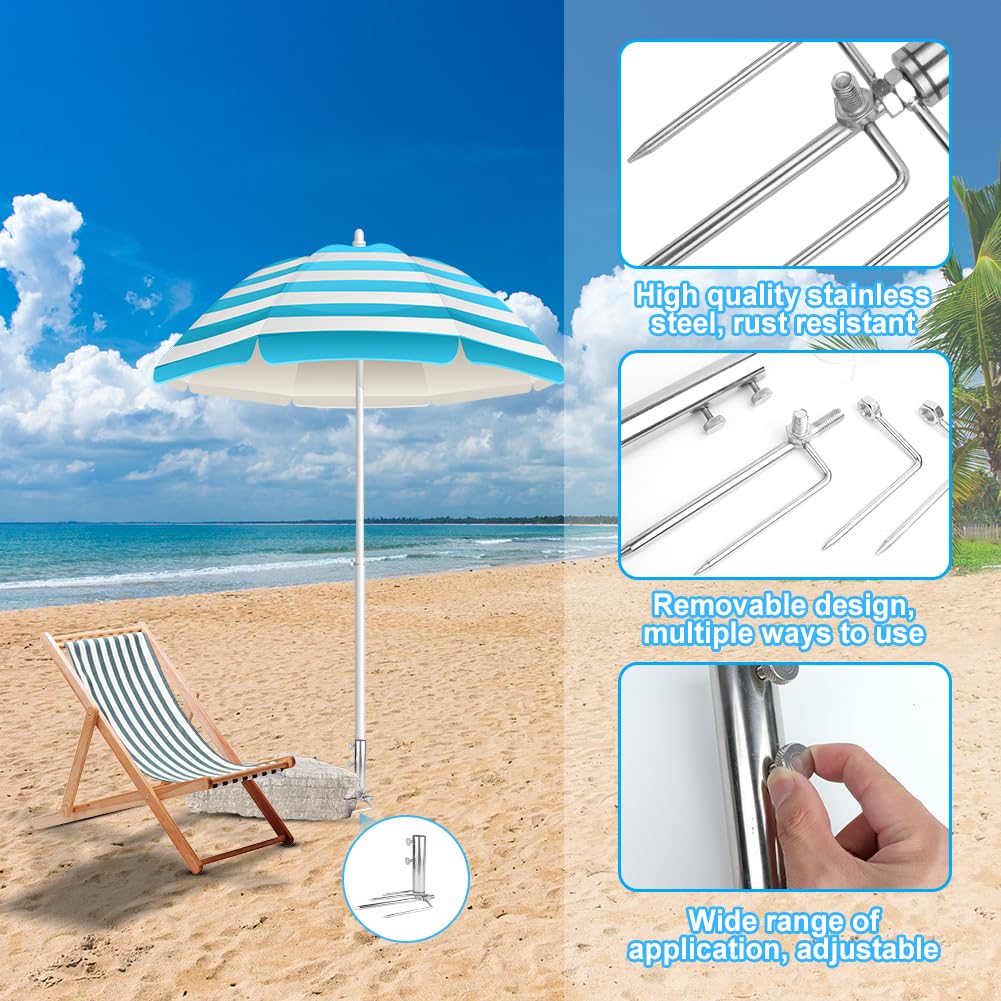Regulowany stojak na parasol plażowy z kotwicą uziemiającą, zdejmowana podstawa ze stali nierdzewnej do ogrodu, 4-narożny haczyk, idealny do wędkowania, na kemping i do użytku na zewnątrz