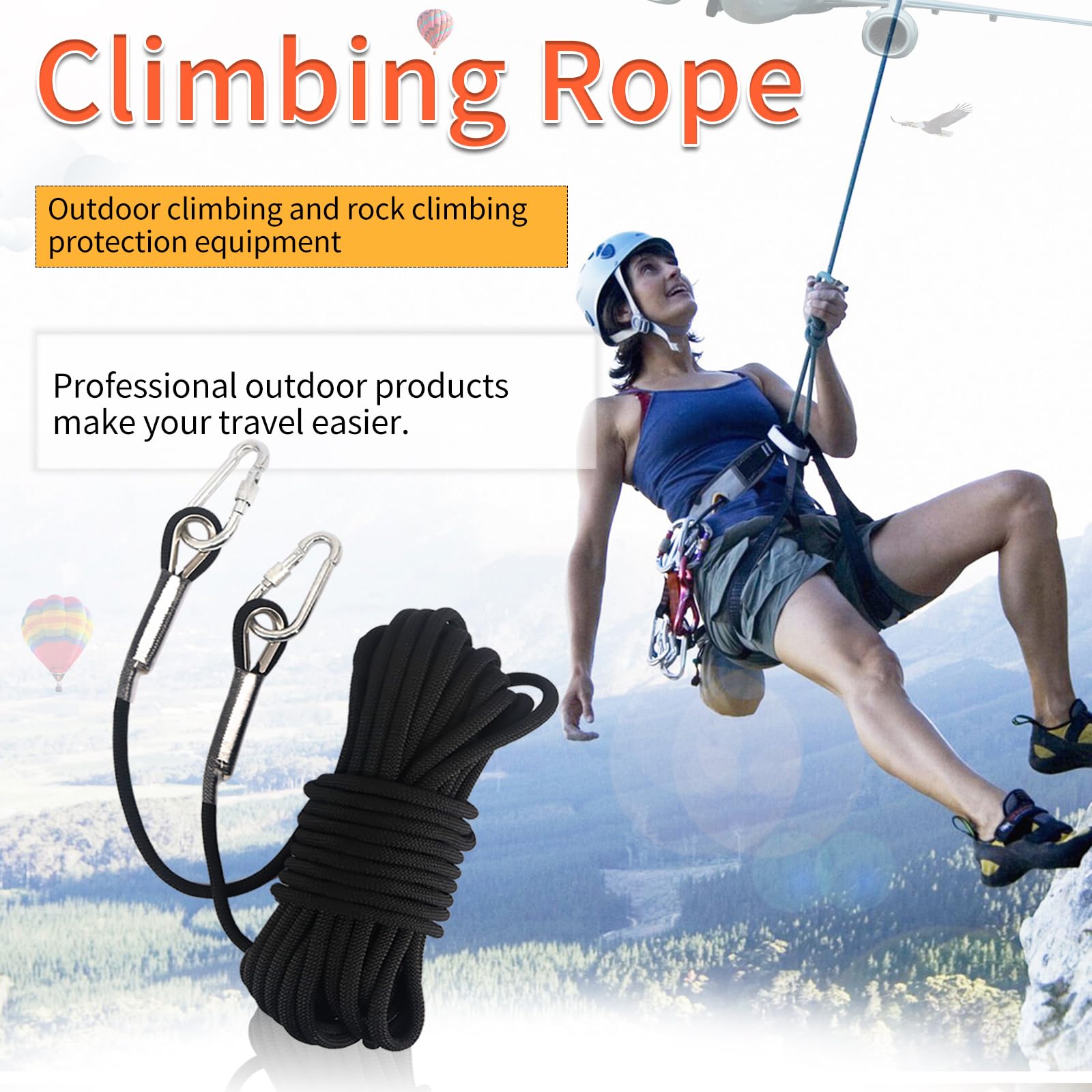 NewDoar 12KN/23KN Corda da Arrampicata Statica 10mm(3/8in) Attrezzatura per Cavo Accessori 10M, 20M,=30M Corda di Fuga Attrezzatura per Arrampicata su Ghiaccio Corda di Soccorso antincendio-Black/30M