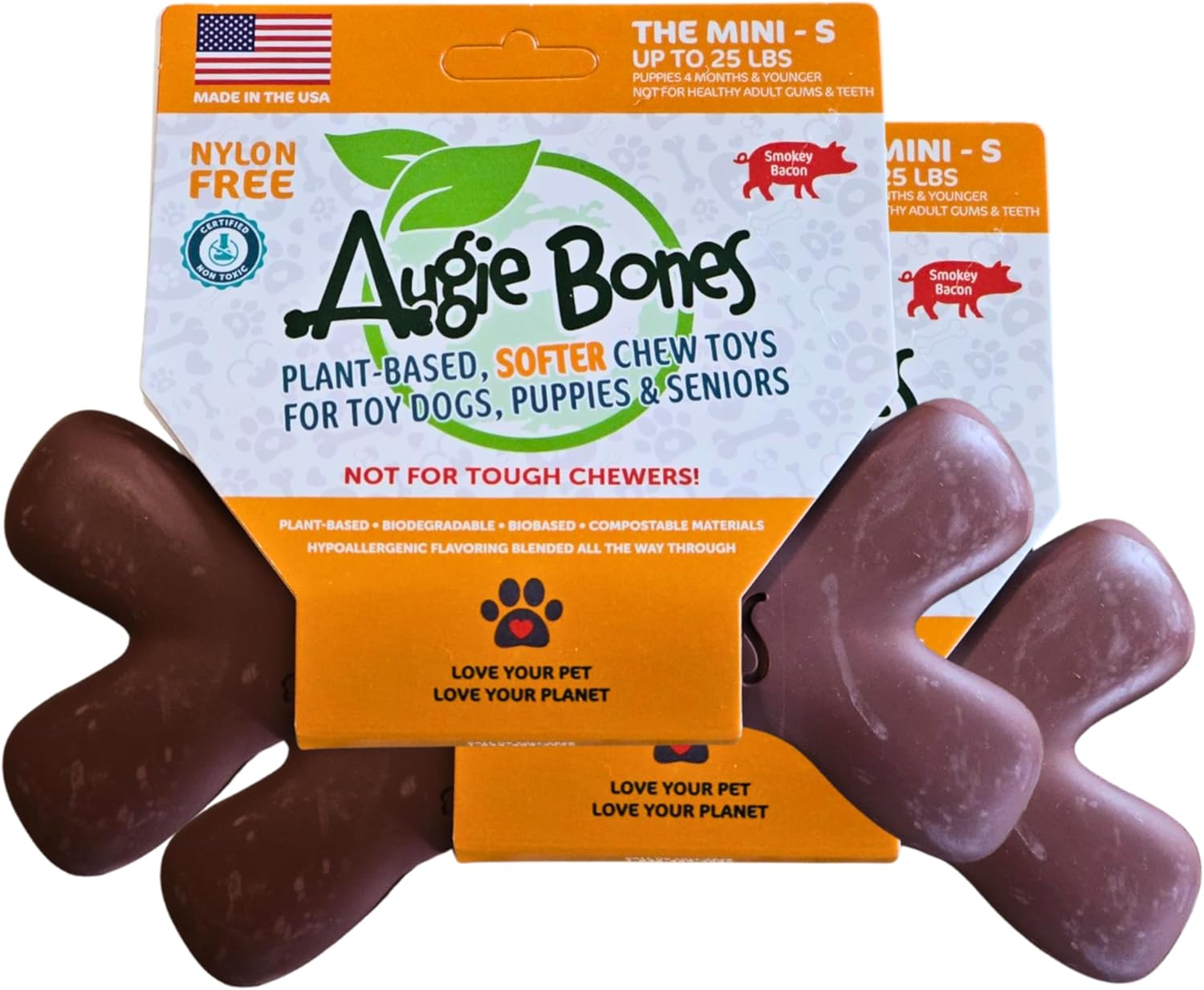 Soft Dog Treats for Senior Dogs and Puppy Teething - Softer, Sustainable, Non-Toxic Dog Toys - Rawhide Free, Bacon Flavored Puppy Bones and Senior Dog Treats, Made in The USA (Mighty)