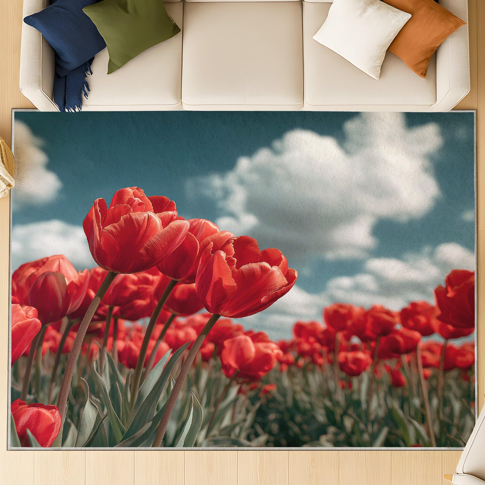 Générique Tapis De Salon Poils Ras Grand Nature Floral Intérieur Antidérapant Tapis Imprimé Style champêtre Couleur Tulipe Rouge Ciel Bleu, Paillasson Confortablex Lavable 120 x 180 cm