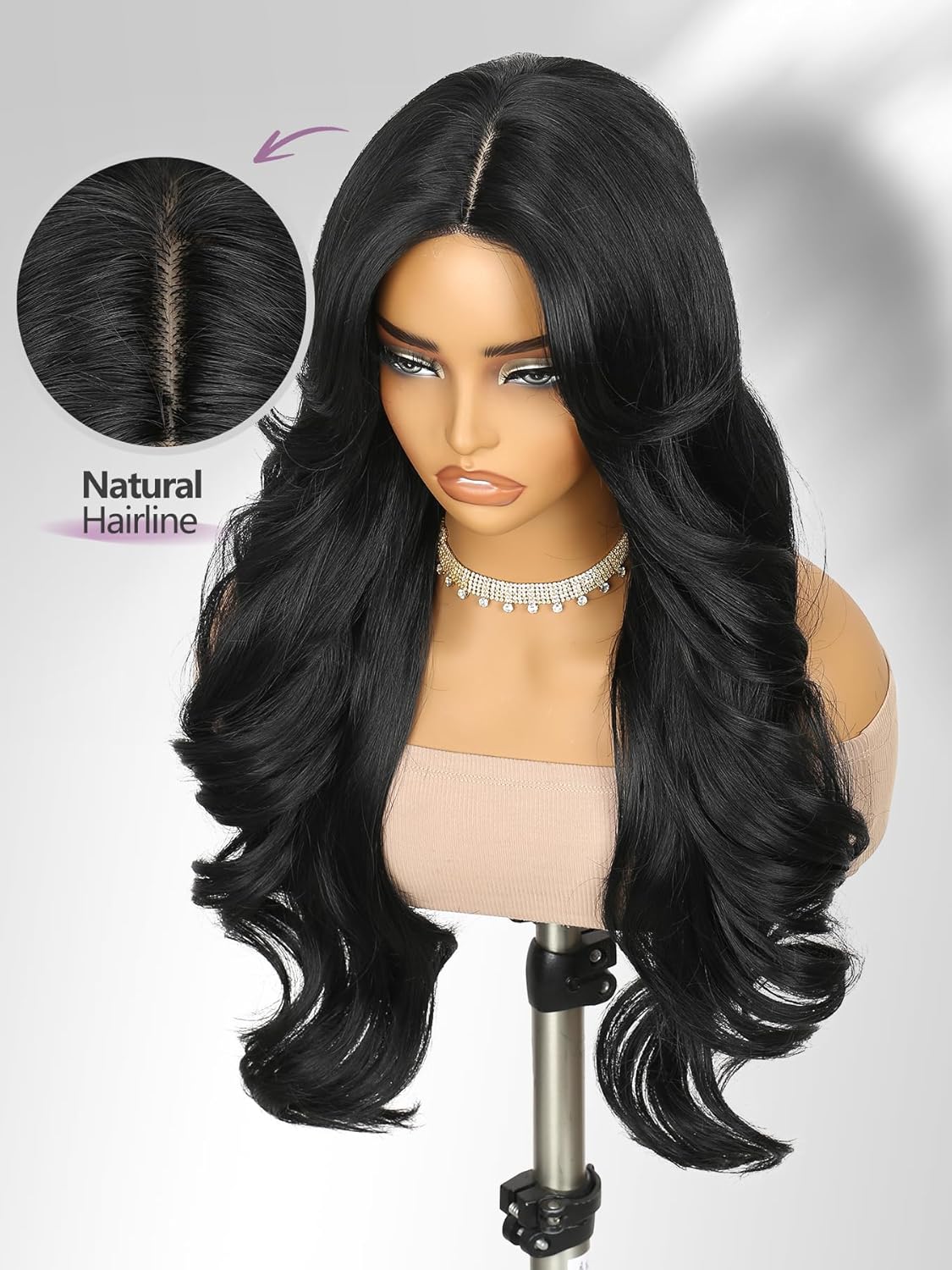 FANCEE Long Black Brown Curly Wigs with Curtain Bangs - 26 Inch Wavy Middle Part Pre-Cut Lace Hairline Layered Synthetic Wig for Women Wispy Fringe Upgraded Protein Fiber Cosplay Costume Halloween