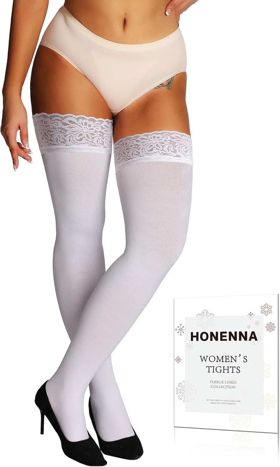 HONENNA Fleece Lined Thigh High Stockings, Stay Up Lace Top Opaque Winter Warm Tights for Women, medias térmicas mujer