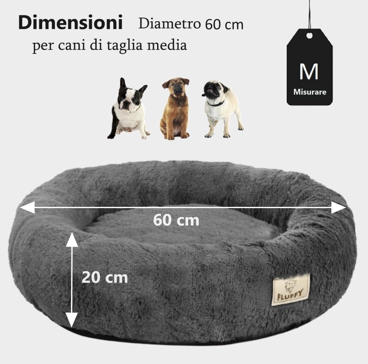 KING DOG Cuccia per cani rotonda cuccia morbida M 60 cm cuscino morbido con rivestimento in peluche cuscino interno estraibile fondo antiscivolo lavabile