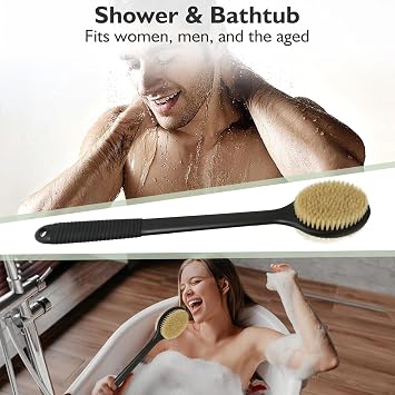 Back Scrubber for Shower, Bath Brush with 17-Inch Long Anti-Slip Handle, Wet and Dry Brushing Body Brush for Body Cleansing, Back Brush for Men and Women, Black