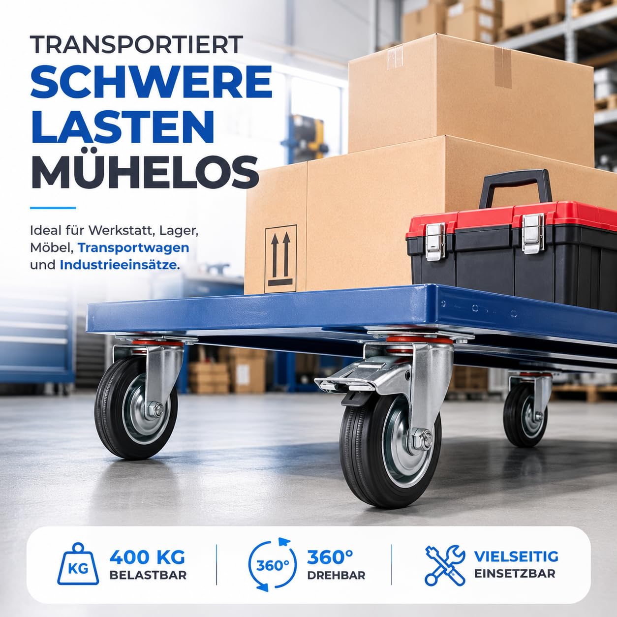 Wheels 4er Transportrollen 400 kg belastbar Lenkrolle mit Bremse - Schwerlastrollen 75 mm - Rollen mit Bremsen - Schwerlast Möbelrollen (4x Lenkrollen ∅7.5 cm)