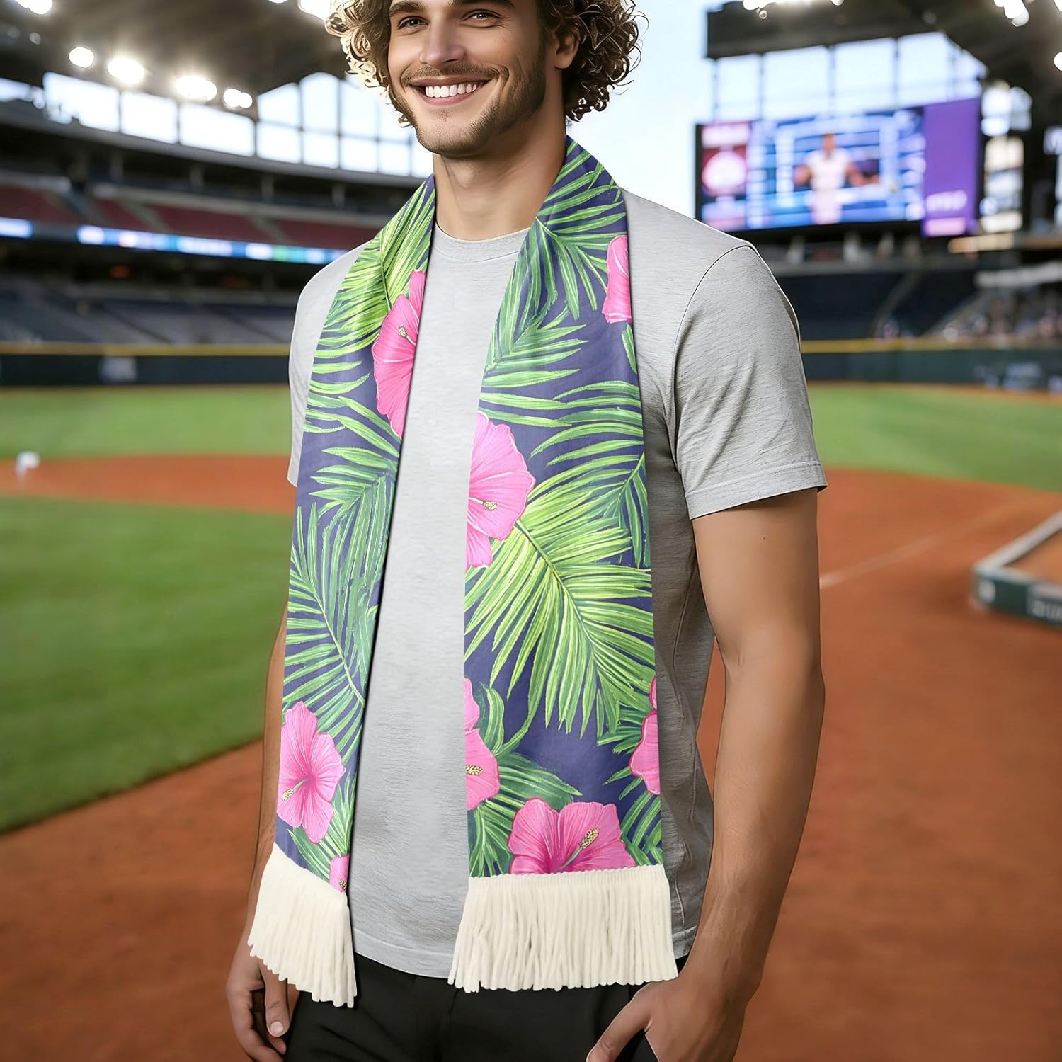 CHIFIGNO Tropical Pink Flowers Sports Fan Scarf for Soccer Games, Soft Polyester Sweat Towel Wrap with Fringe Ends, Quick Dry Cheering Scarf