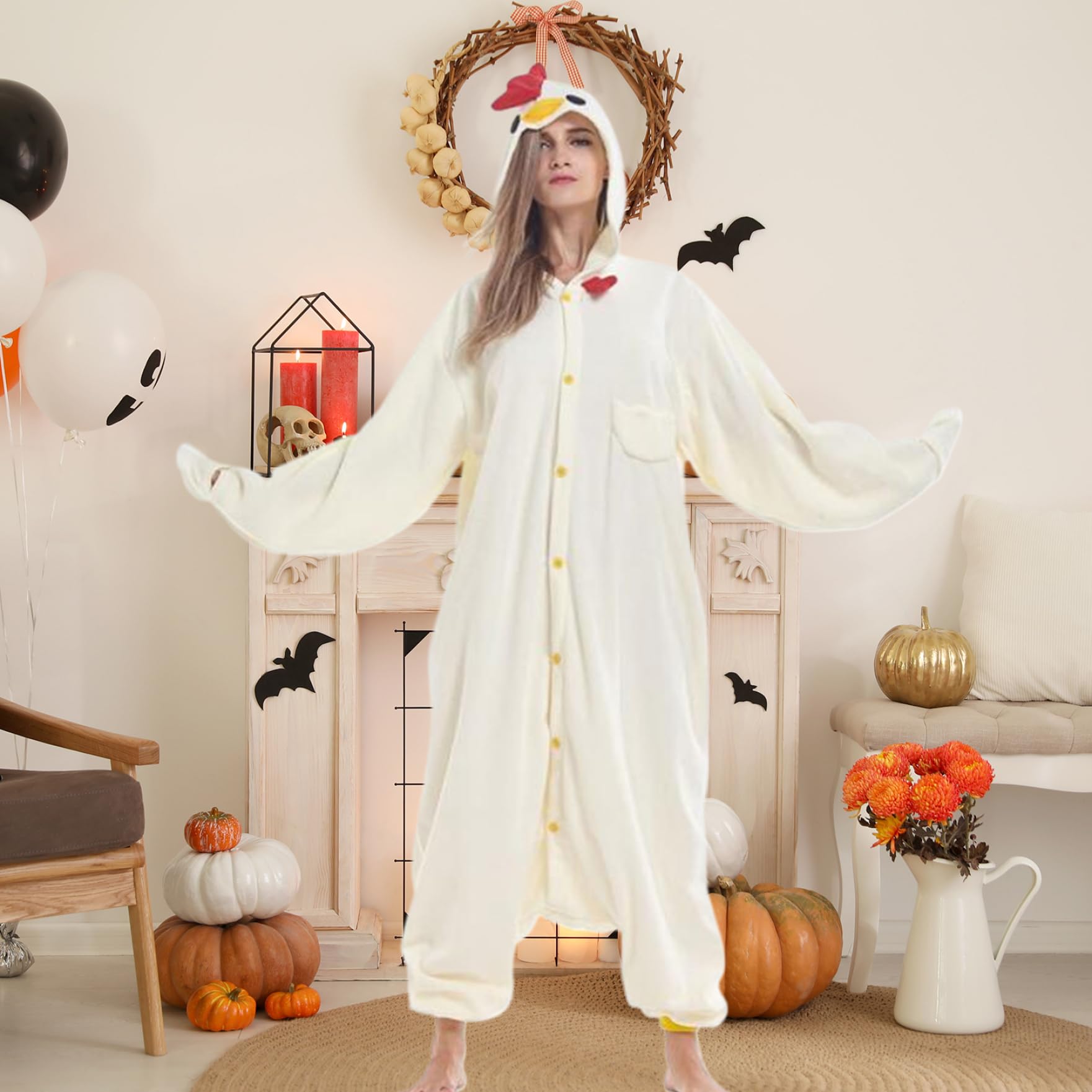 Disfraces de Halloween Cosplay Pollo Mono Polar Polar Disfraz de Pollo Disfraz de Animal Unisex Pijamas de una Pieza Cosplay Dibujos Animados Halloween Navidad Ropa de Dormir para Adultos..