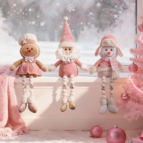 Miniatura 9 de Decoración de muñecas de Navidad rosadas, 3 piezas de hombre de jengibre relleno rosa, muñeco de nieve, gnomo de Papá Noel, peluche hecho a mano de