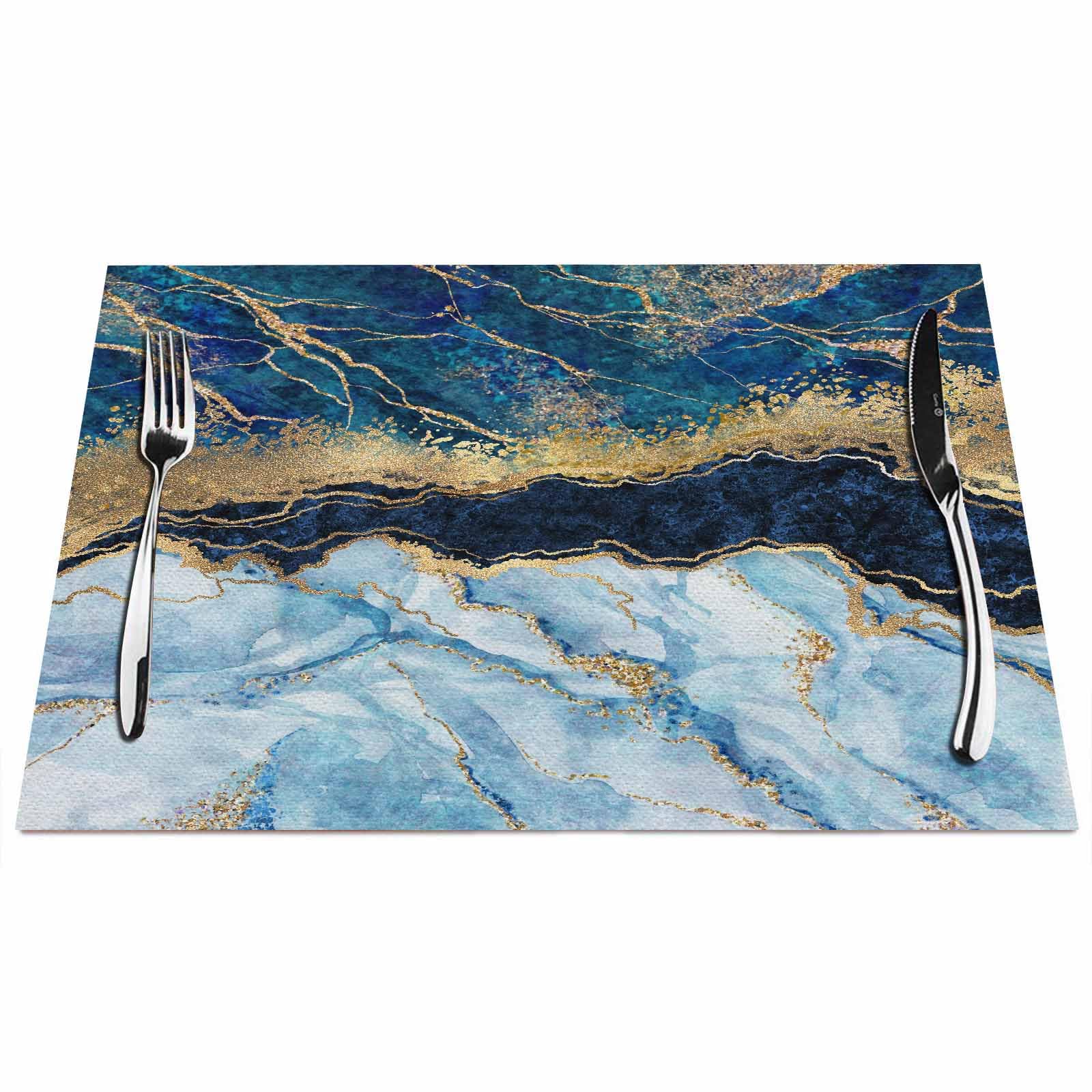 Walmsco Placemats Blue and Gold Liquid Marble Pattern Decor For Dining Room Kitchen Table,Waterproof Non-Slip Washable Heat Resistant Placemats,Set of 4,12"x18"