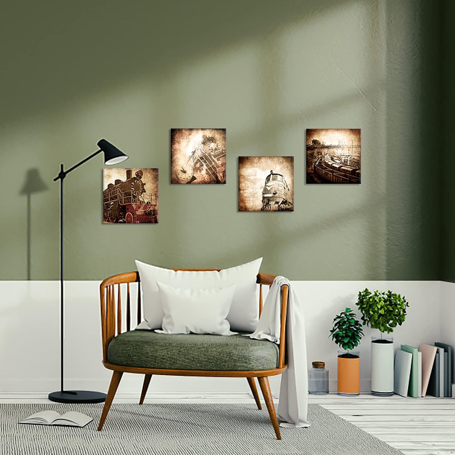 iLOOKLiKE 4 Pieces Old Train Canvas Wall Art Brown Locomotive Wall Decor Retro Steam Painting Pictures Vintage Vehicle Photo Poster Oil Painting Artwork Framed for Living Room Bedroom