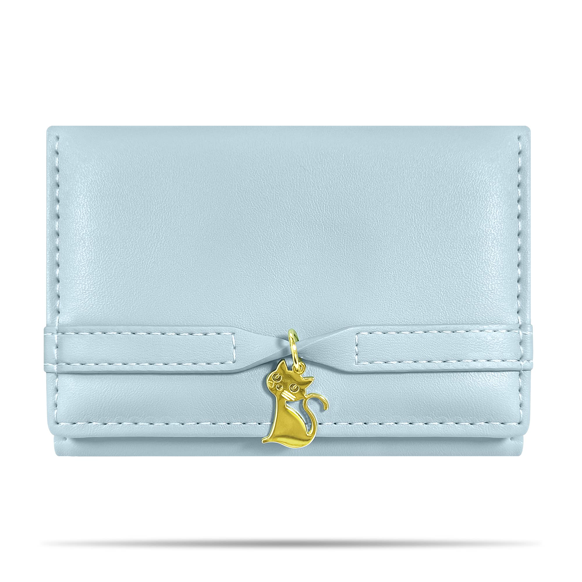 SNCCJ Cute Wallets for Teen Girls, Aesthetic Coquette Trifold Womens Small Wallet with Card Holder ID Window (Cat pendant Blue)
