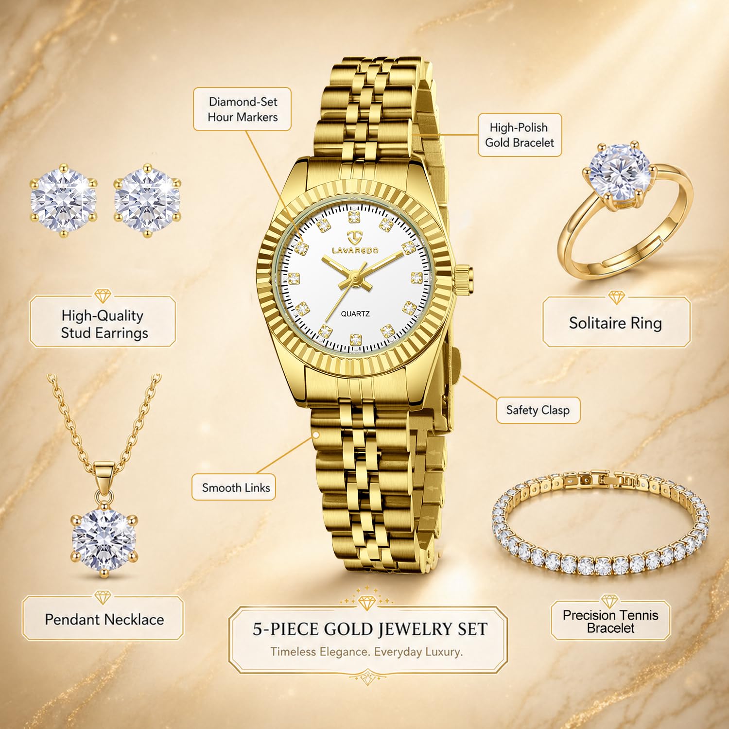 Timever Damen-Armbanduhr-Set, 18 Karat vergoldet, Armreif, Armband, Ring für Frauen, zierliche Damen-Armbanduhr, wasserdicht, analoge Uhr mit leuchtend, Valentinstag, Jahrestag, Geburtstag, Geschenke