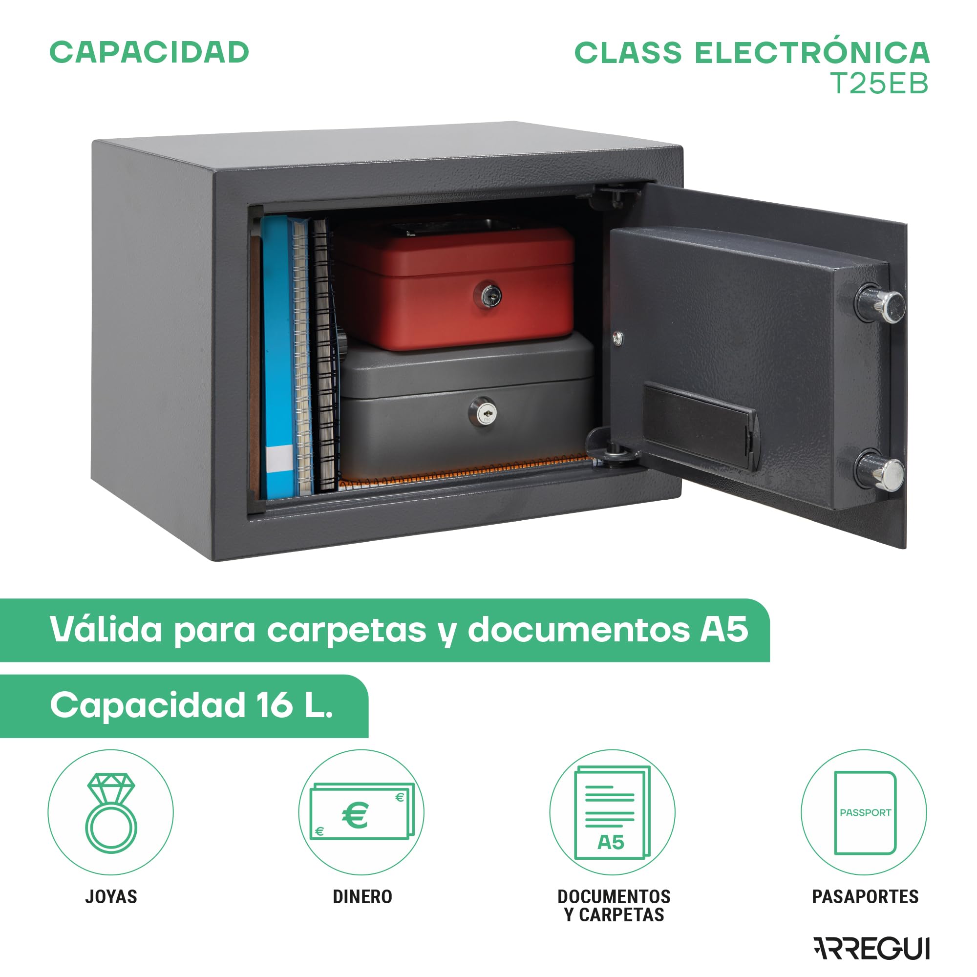 ARREGUI Class T25EB Caja Fuerte para el Hogar de Apertura con Codigo Programable | Caja de Seguridad para Casa | 25 x 35 x 25 cm | Caja Fuerte de Acero con Llave de Emergencia | 17 L
