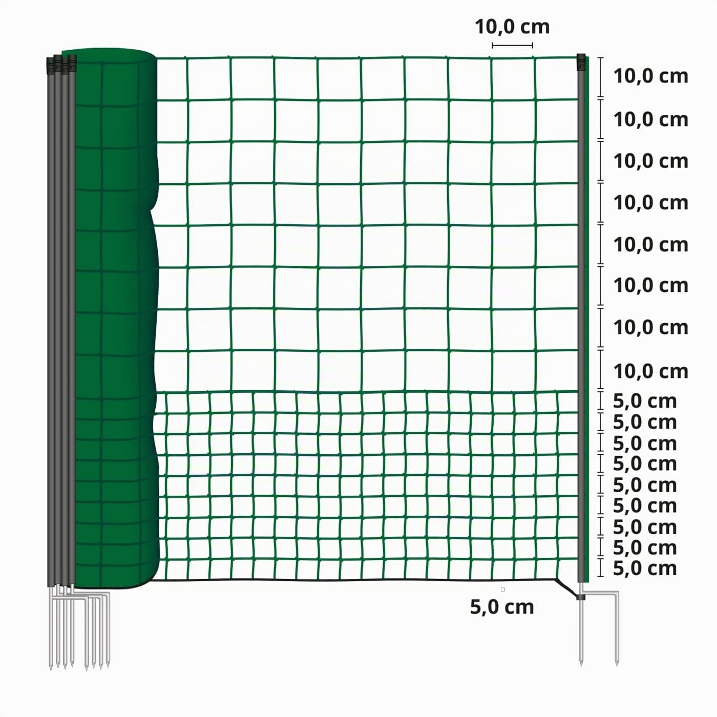 VOSS.farming Geflügelnetz 25m, 125cm Hühnerzaun, Hühnernetz, Geflügelzaun, Hundenetz, Hundezaun, 11 Pfähle 2 Spitzen grün, ohne Strom