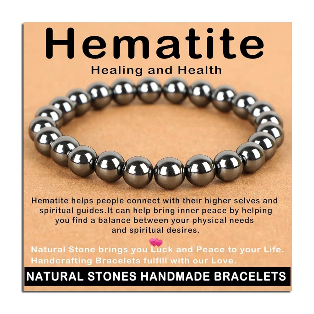 AD Beads Handmade Gemstone Stretch Elastic Bracelet Crystal Healing Reiki Nature\'s Beauty and Spiritual Essence Unisex (8mm, Hematite (Healing and Health))