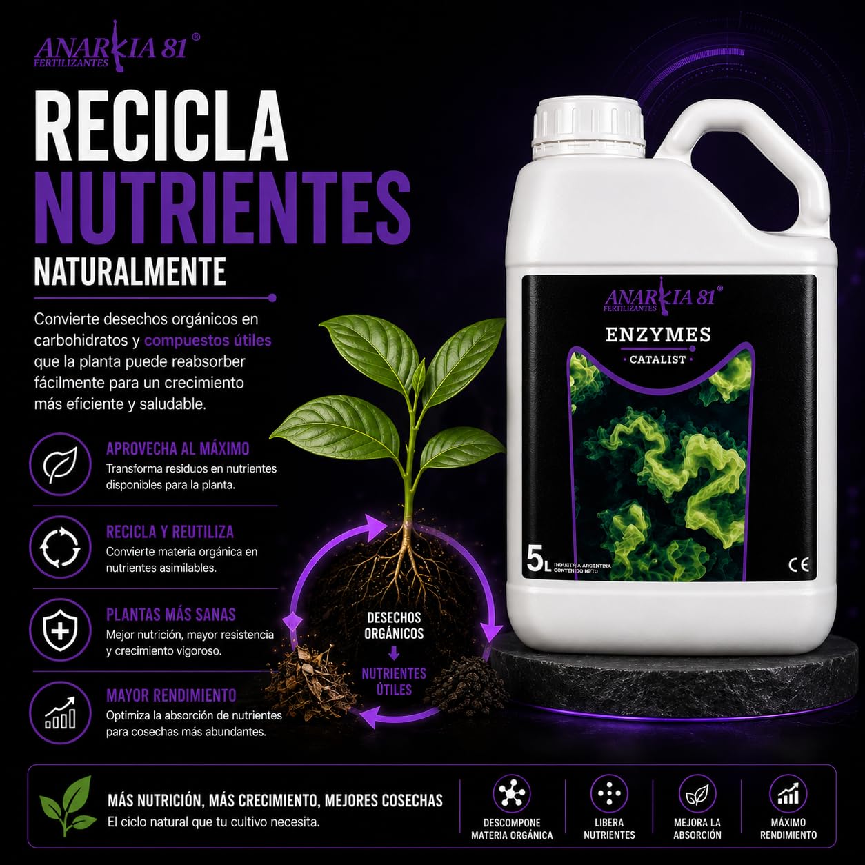 ENZYMES 5 L – Complejo Enzimático para Plantas Limpieza de Sustrato Elimina Sales y Raíces Muertas Mejora Absorción y Salud Radicular en Cultivo Interior y Exterior - Anarkia81
