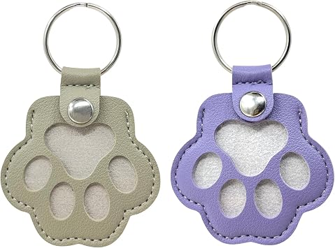 Personalized Pet Hair Keepsake Box for Dog, Pets Hair Storage Pouch Fur Memorial Keyring for Pet Commemorative,Dog Cat Paw Shape Leather Keychain Pendant Purple & Grey