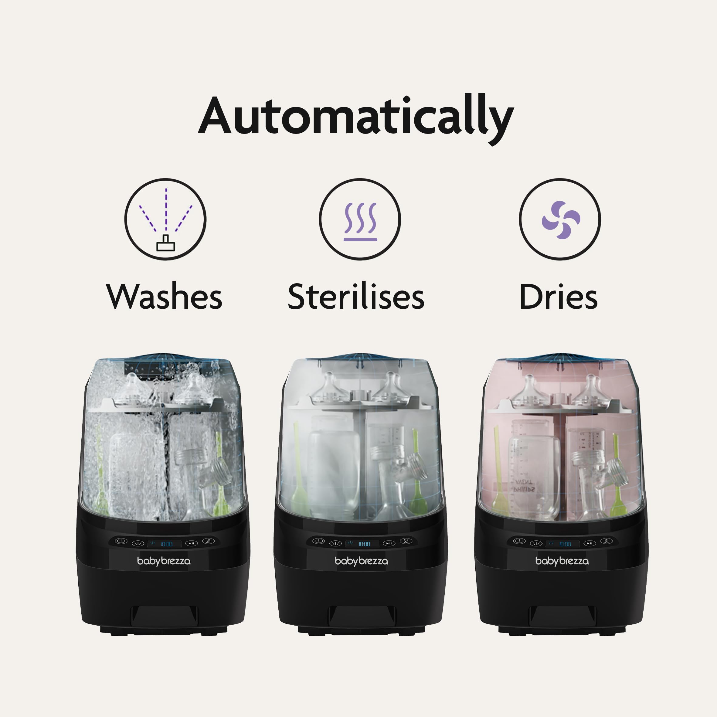 Baby Brezza Bottle Washer Pro - Limpiador de Biberones Automático, Esterilizador y Secador 3 en 1 | Lavado a Presión con 6 Modos de Limpieza | Mayor Capacidad - 4 Biberones y Accesorios (Negro)