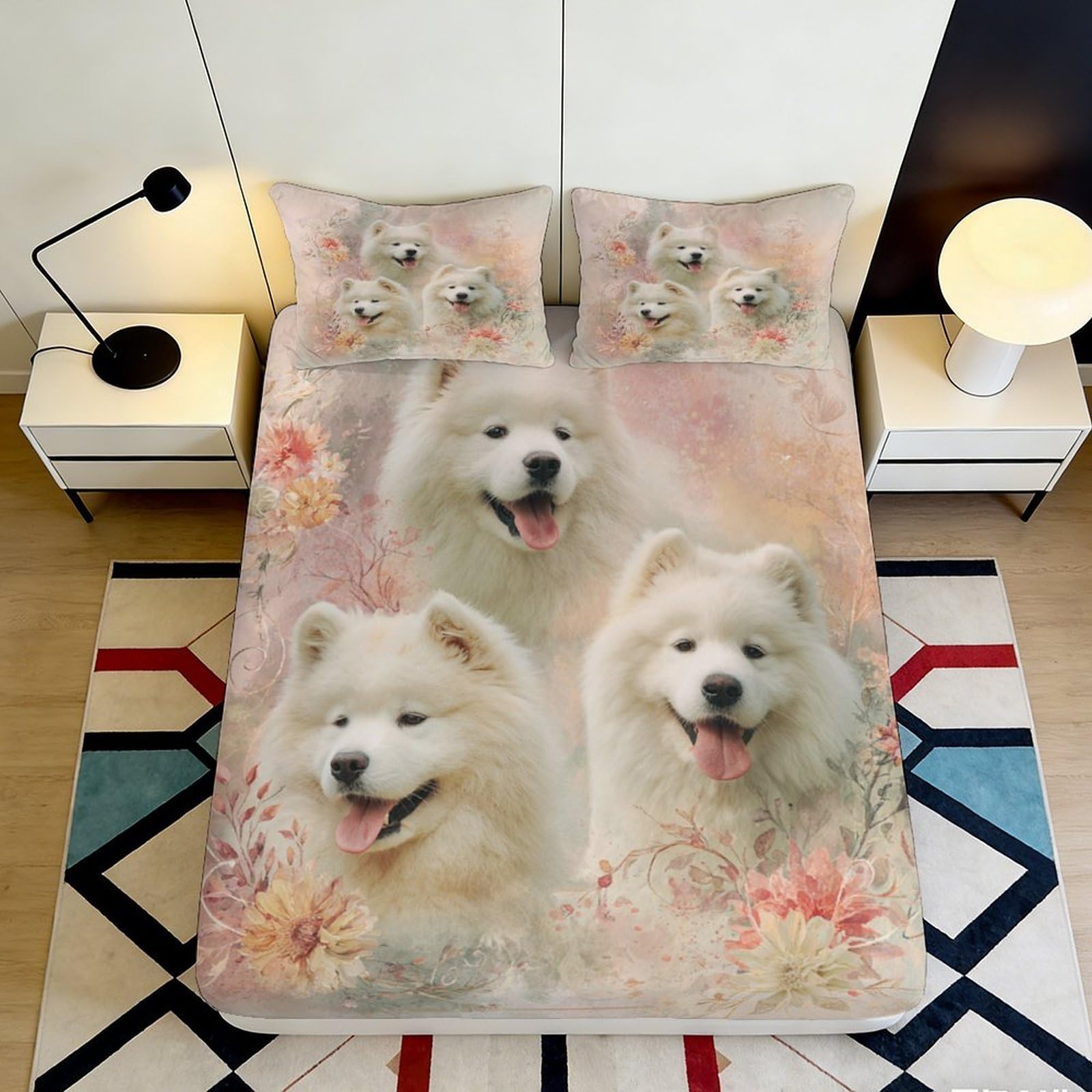 Pnayamiorkfel Style-3 3D Printed White Samoyed Dog Fitted Sheet Microfiber Soft Floral Mattress Cover For Bedroom Guest Room Dorm Decor 90X200x25cm