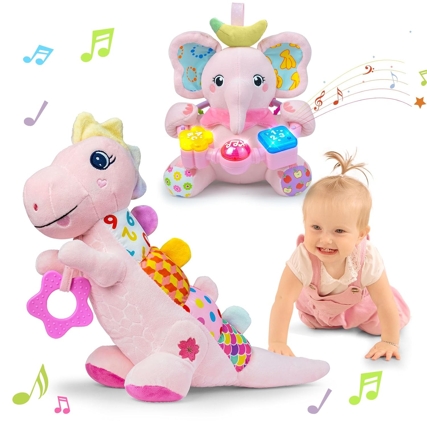 Baby Boy Gift Set for 0-6-12+ Months (1 * Baby Elephant Musical Toy & 1 * Musical Plush Dino Toy)