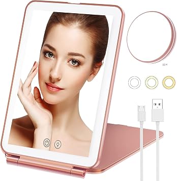Foldable LED Makeup Mirror, Portable Travel Rechargeable Lighted Mirror, 3 Color Makeup Mirror 72 LED, Dimmable Touch, with 10X Magnification Mirror, Essential Mirror for TravelRose Gold