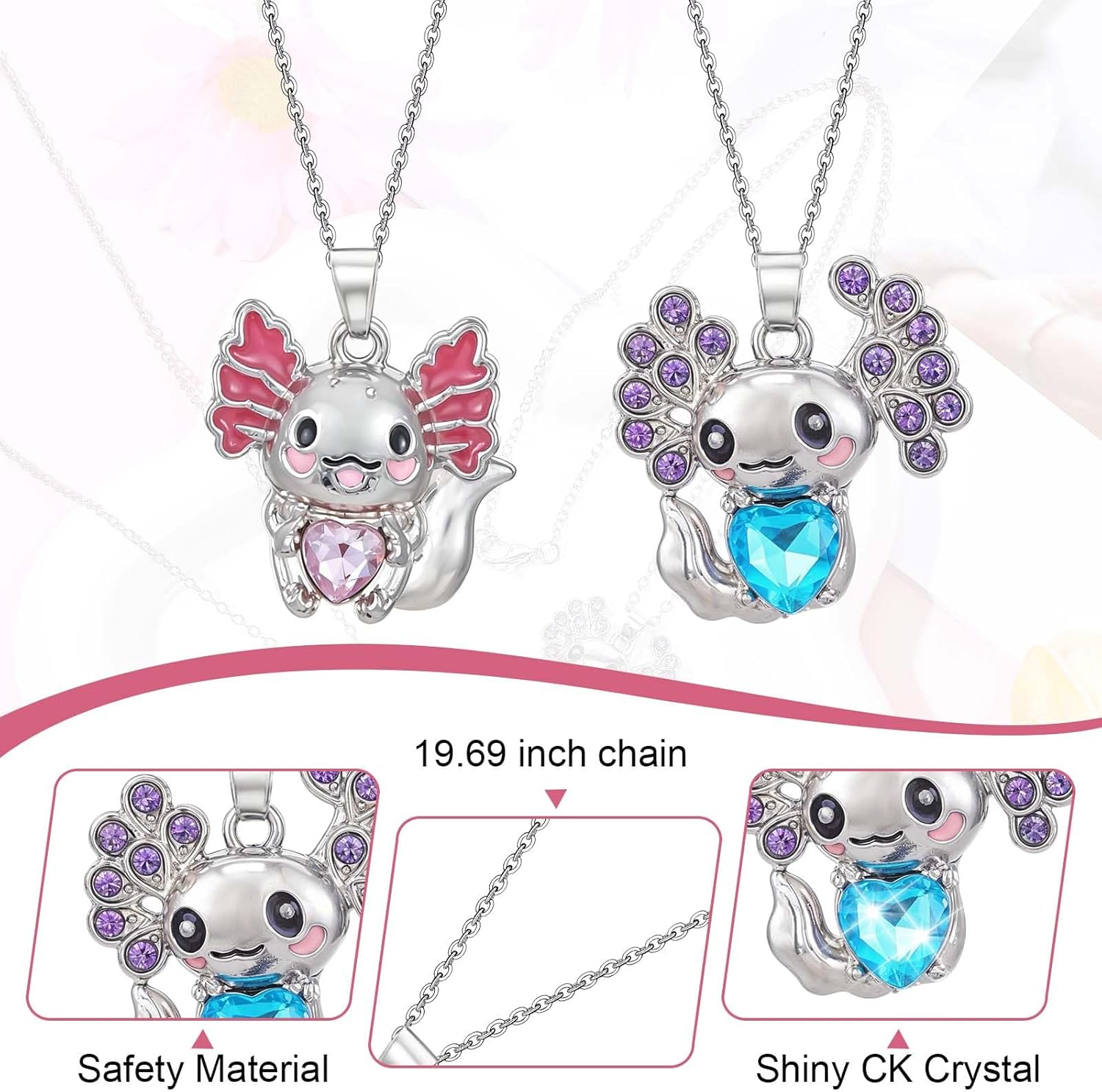 2Pcs Cute Axolotl Necklace Metal Axolotl Crystal Pendant Necklaces 19 Inch Unisex Rhinestone Necklace Charm Good Lluck Jewelry Cute Animal Jewelry Gift(Blue Pink) - Image 3
