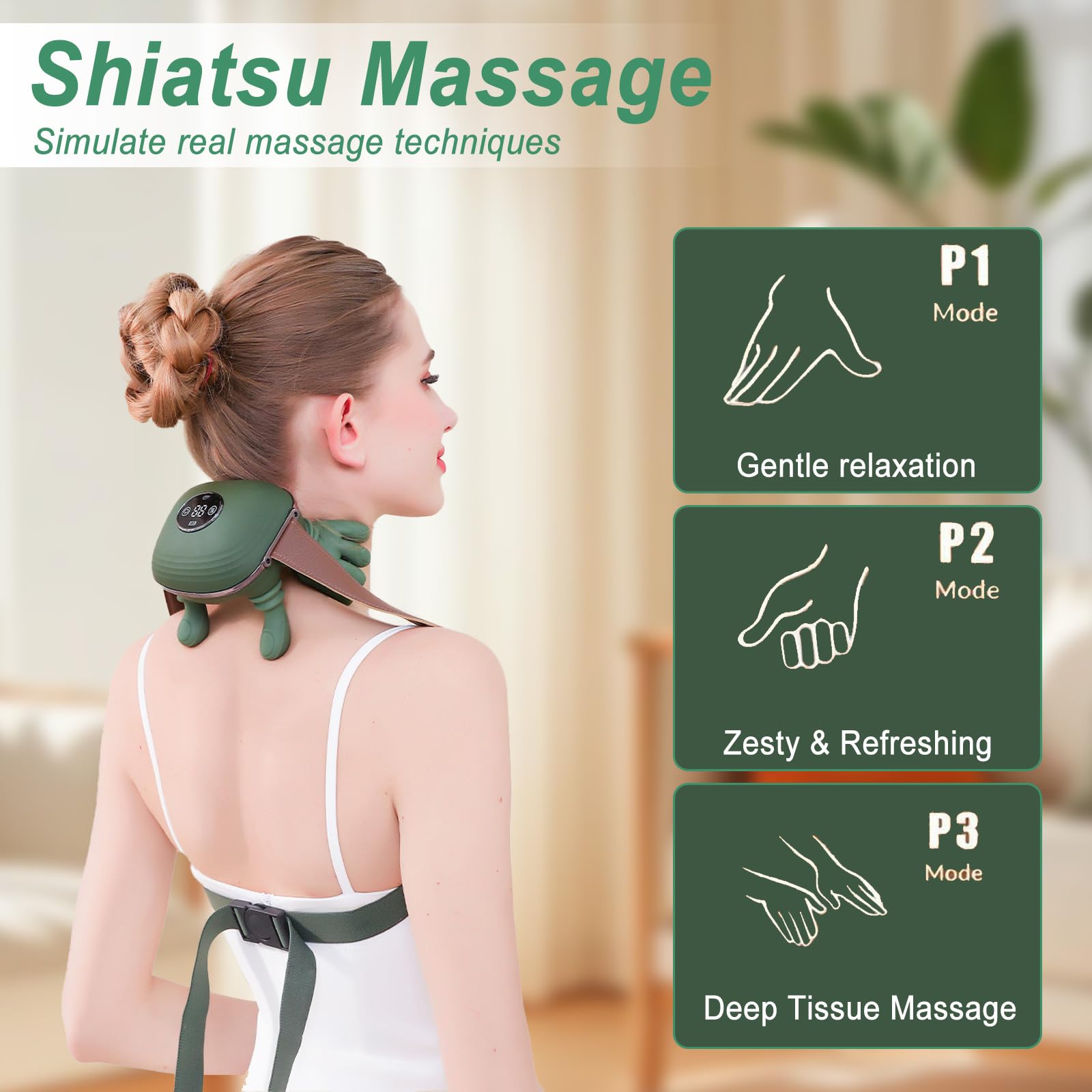 Masajeador de Cuello 4D Inalambrico, Masajeador Cervical y Espalda con Calor, Masajeador Cuello Eléctrico a Mano Biónica con 3 Niveles de Intensidad, para Relajar Músculos, Verde