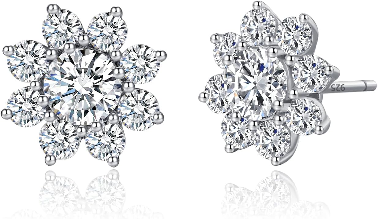 D Color Flower Moissanite Stud Earrings,S925 Sterling Silver With 18K White Gold Plated,Moissanite Jewelry Gifts For Women And Men