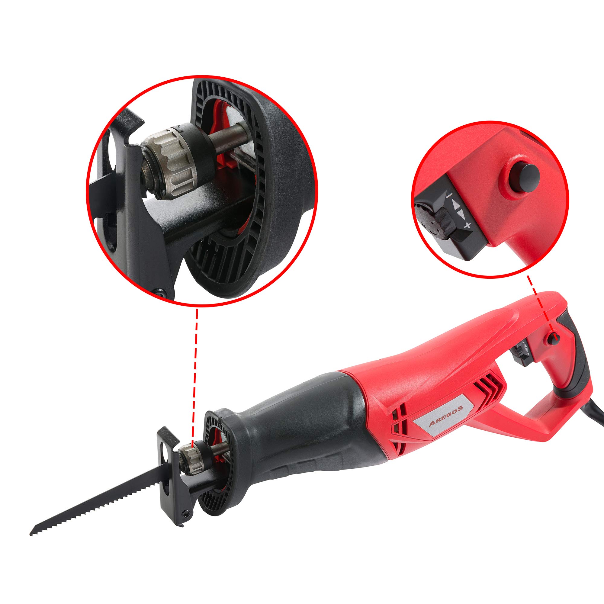 Arebos Scie Sabre Scie a Bois électrique | 750 W | Noir | Rouge | 130 mm | en Bois et en Métal | Patin de Guidage Réglable